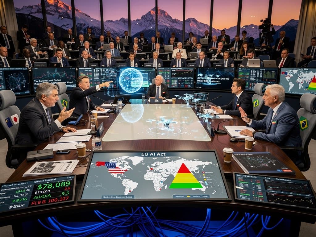 Global AI regulation debate panel at Davos with risk charts, crypto terminals, neural nets, and diverse international audience