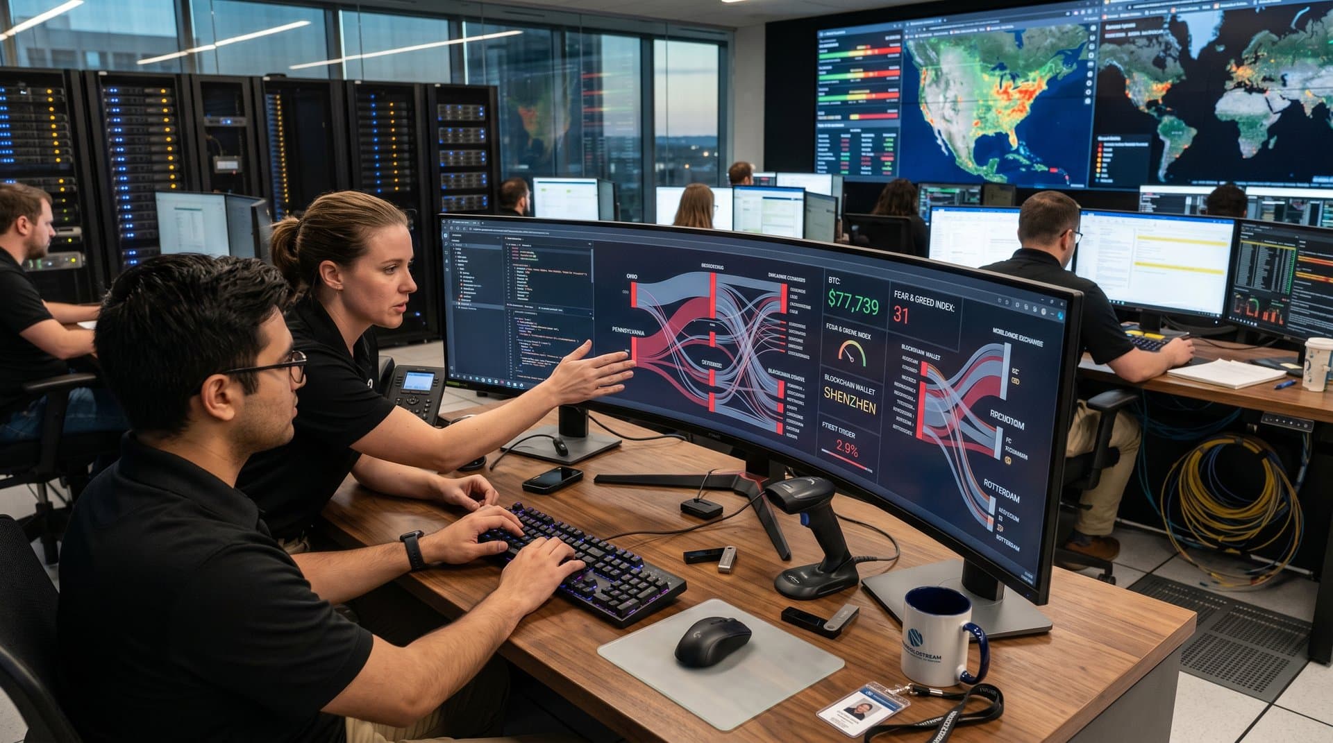 Cybersecurity analysts at desks with multi-monitors analyzing blockchain transactions and fraud maps in a modern data center operations center