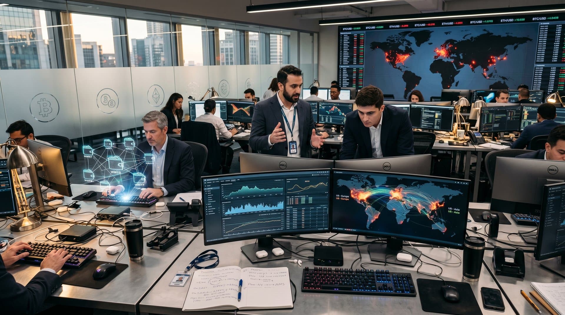 Blockchain analysts review laundering graphs on multi-monitors in high-tech fintech compliance center overlooking city skyline