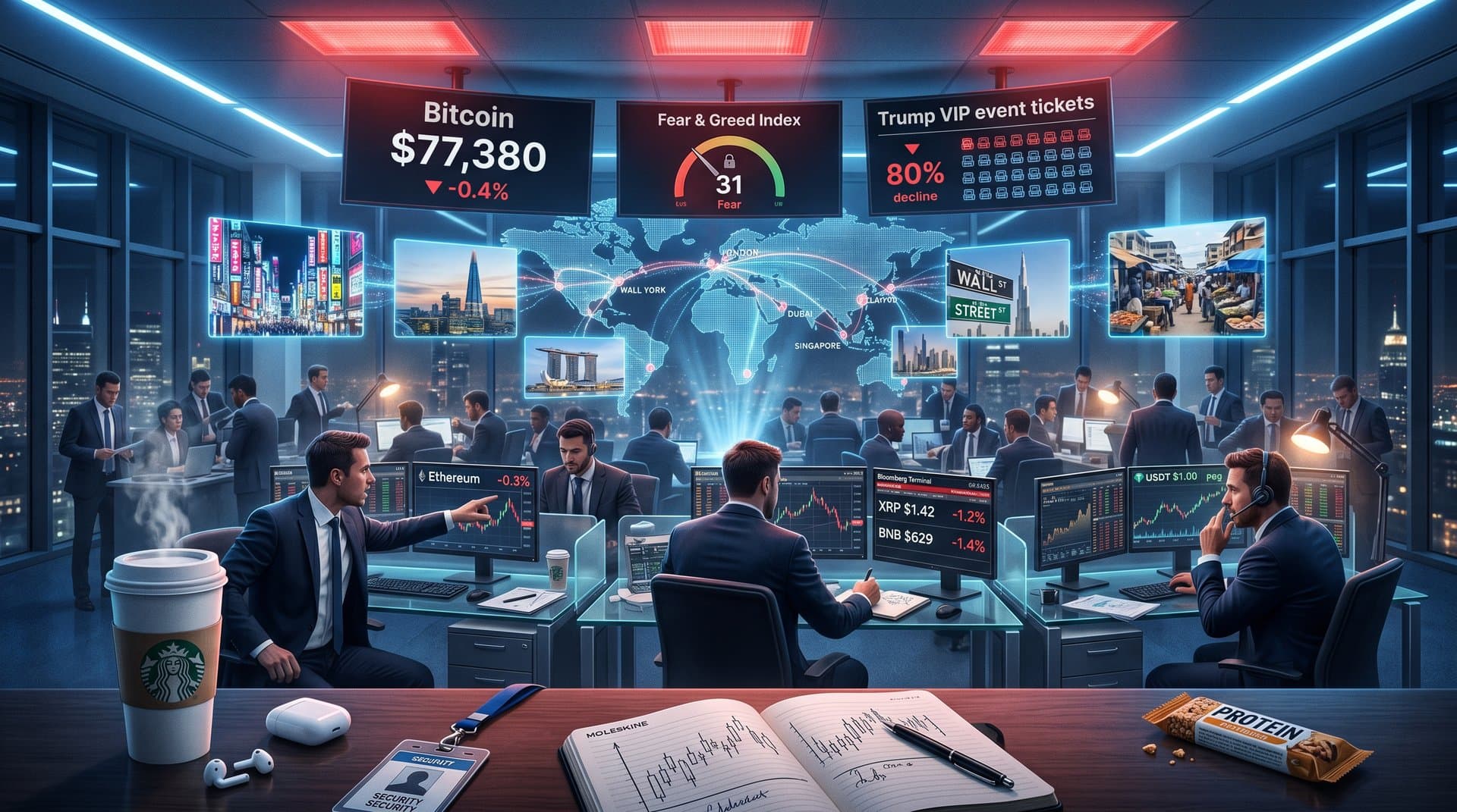 Global trading floor screens show Trump VIP crypto event tickets plunging 80%, Bitcoin at USD 77k, Fear & Greed at 31 amid interconnected financial data charts