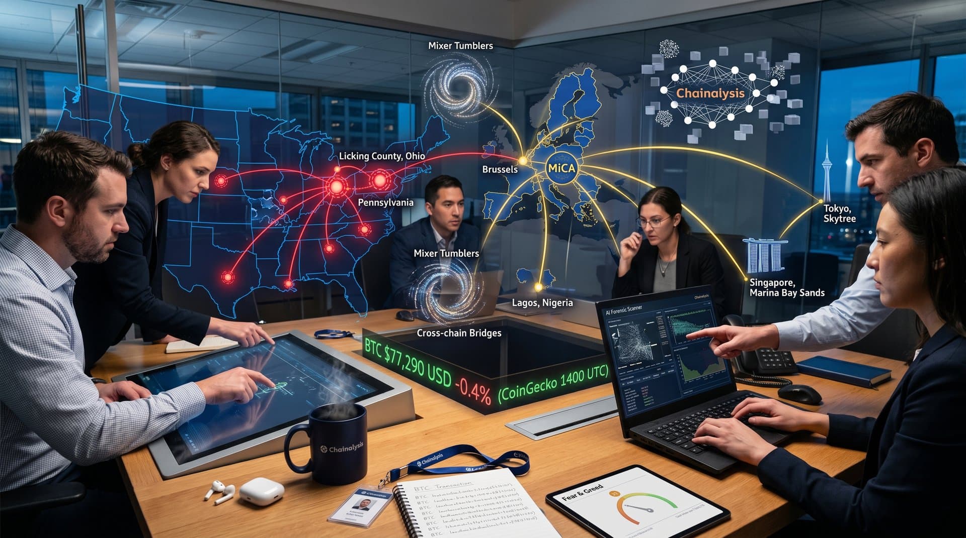 Blockchain map showing U.S. cross-state crypto fraud flows with global connections and market data overlays