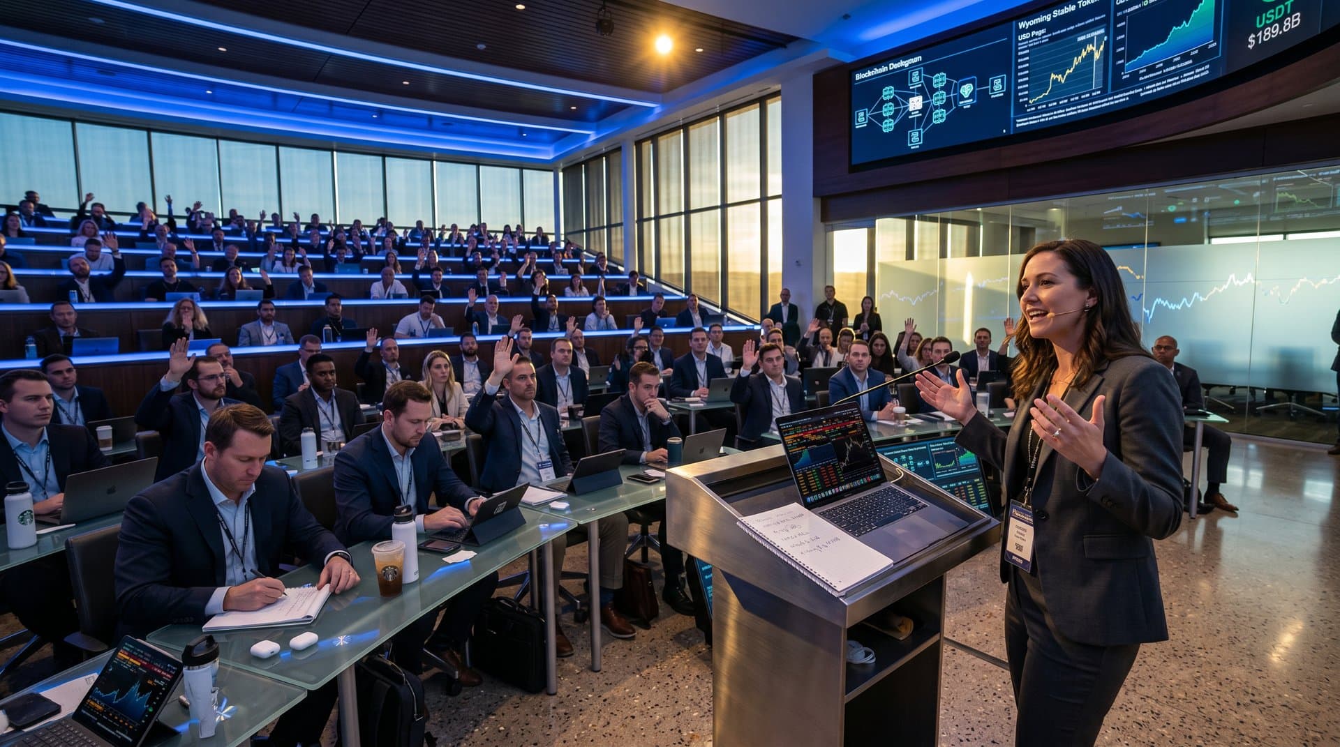 Auditorium with professionals at Eastern Wyoming College fintech event on Wyoming Stable Token and stablecoins, screens showing charts and blockchain graphics