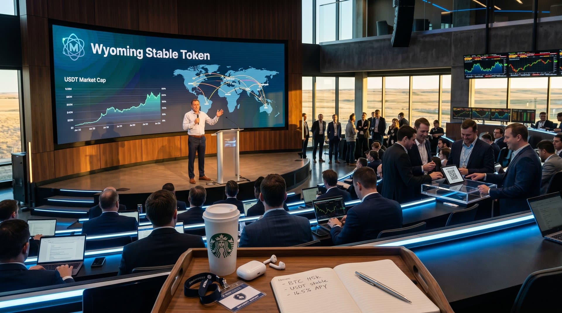 Fintech conference stage with speaker podium, LED screens showing Wyoming Stable Token and stablecoin charts, professional audience with laptops on tiered seats