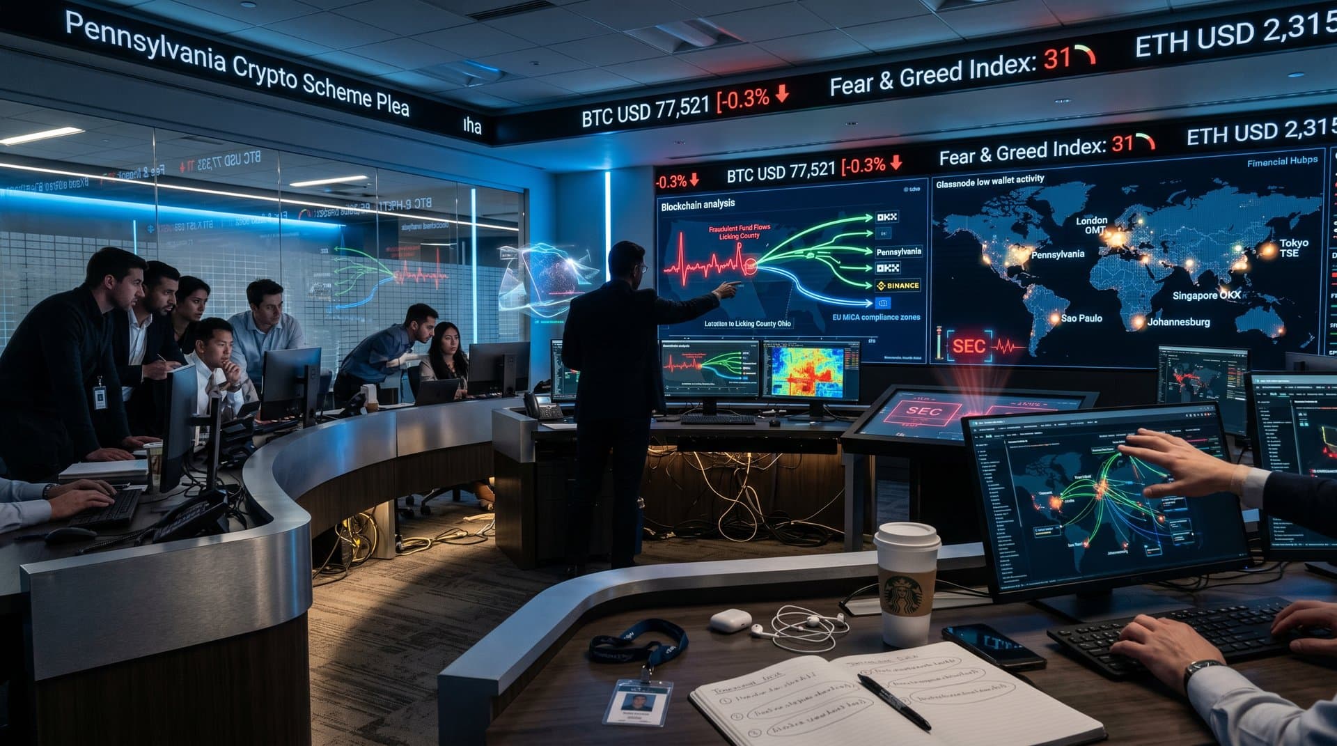 Analysts review crypto fraud graphs on multi-monitor setups in a modern compliance room with blockchain visuals and live market data