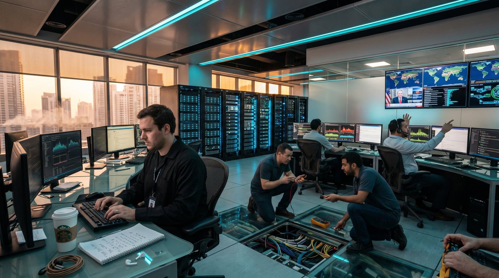 AI-driven crypto security team monitors threats and blockchain data in advanced operations center