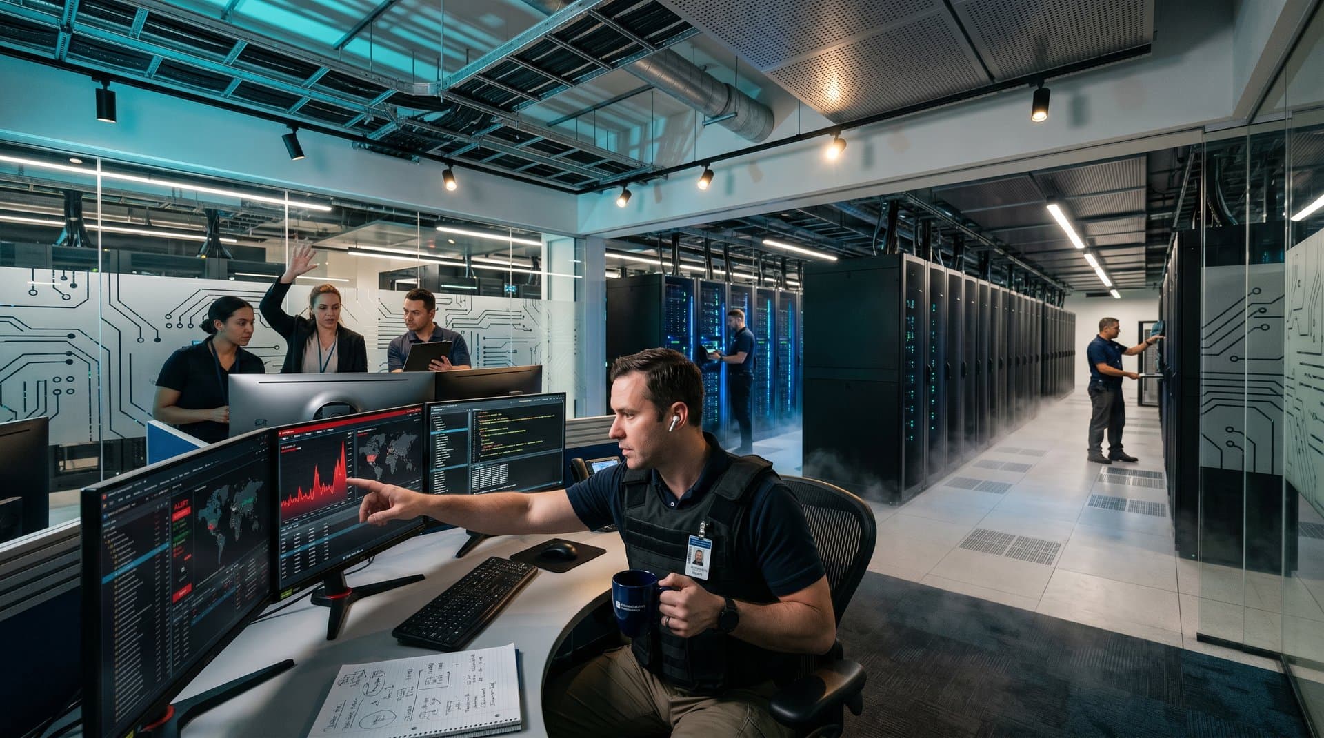 Cybersecurity team monitors global threats in high-tech bank data center with server racks and digital dashboards