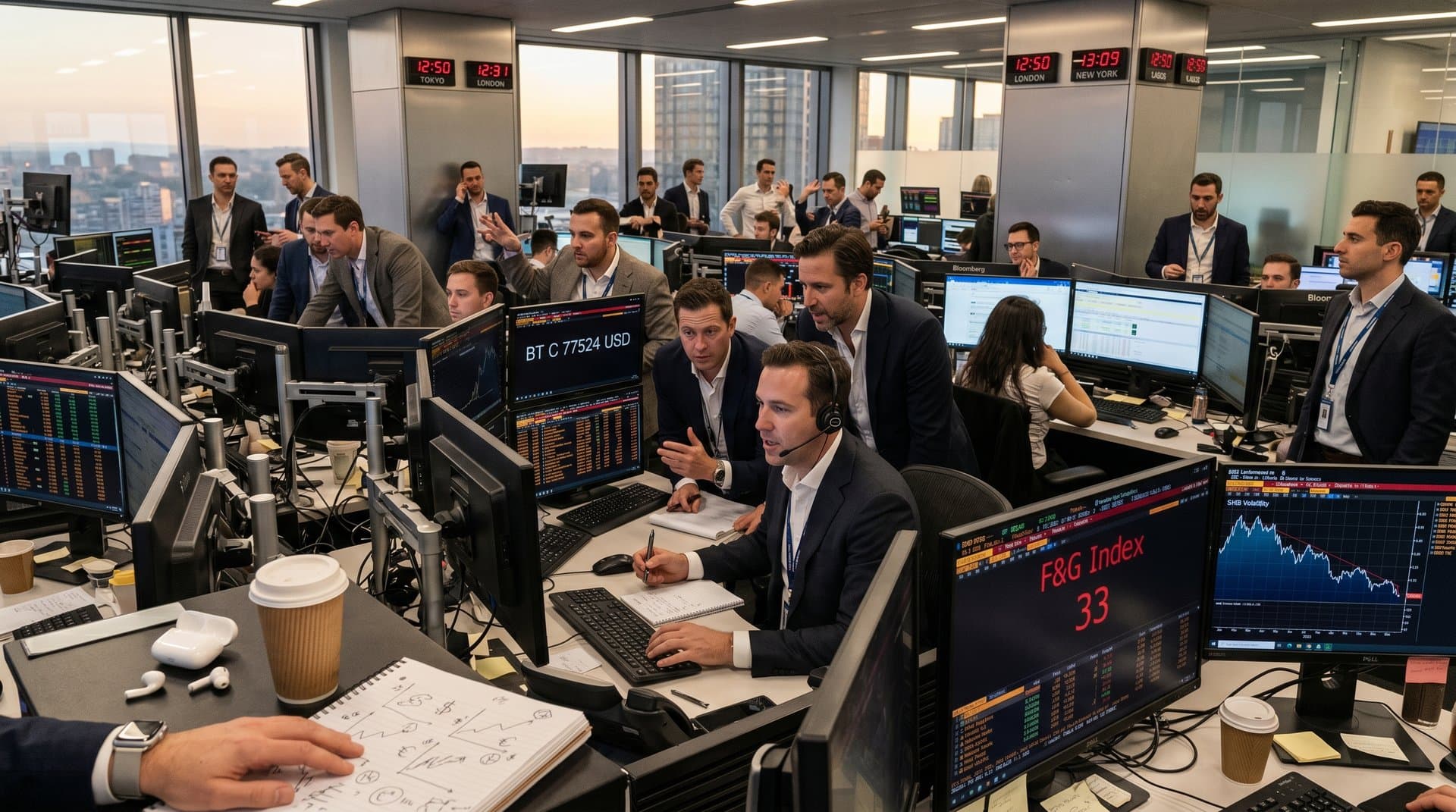 Crypto trading screens show USDT stability at $1.00 and Fear & Greed at 33 amid volatility charts