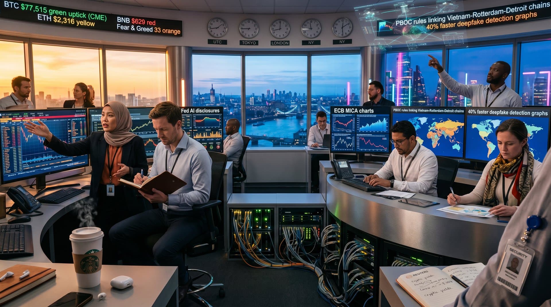 Global analysts review Bank Policy Institute BPInsights AI banking models, crypto data at USD 77,515 BTC, regulatory charts on advanced trading floor