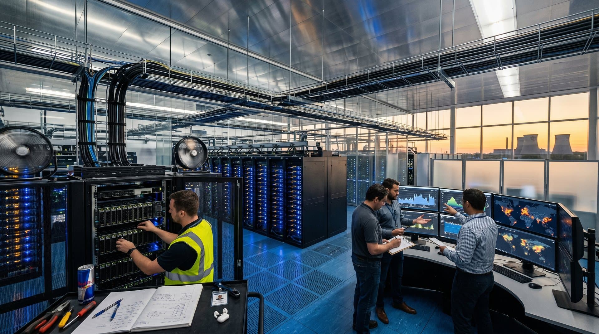 Server racks and monitoring consoles in a glowing hyperscale AI data center highlighting energy-intensive operations