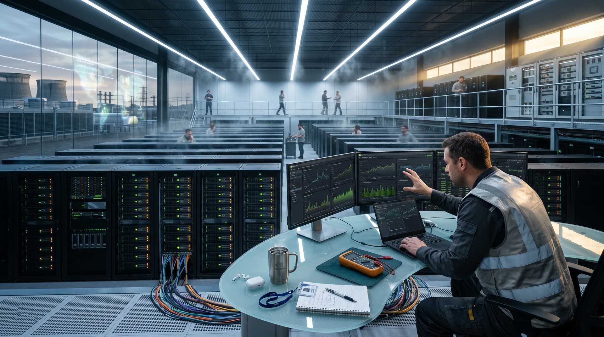 Engineers adjust Nvidia GPU servers amid glowing racks and monitoring consoles in a vast Microsoft Azure Tier IV data center