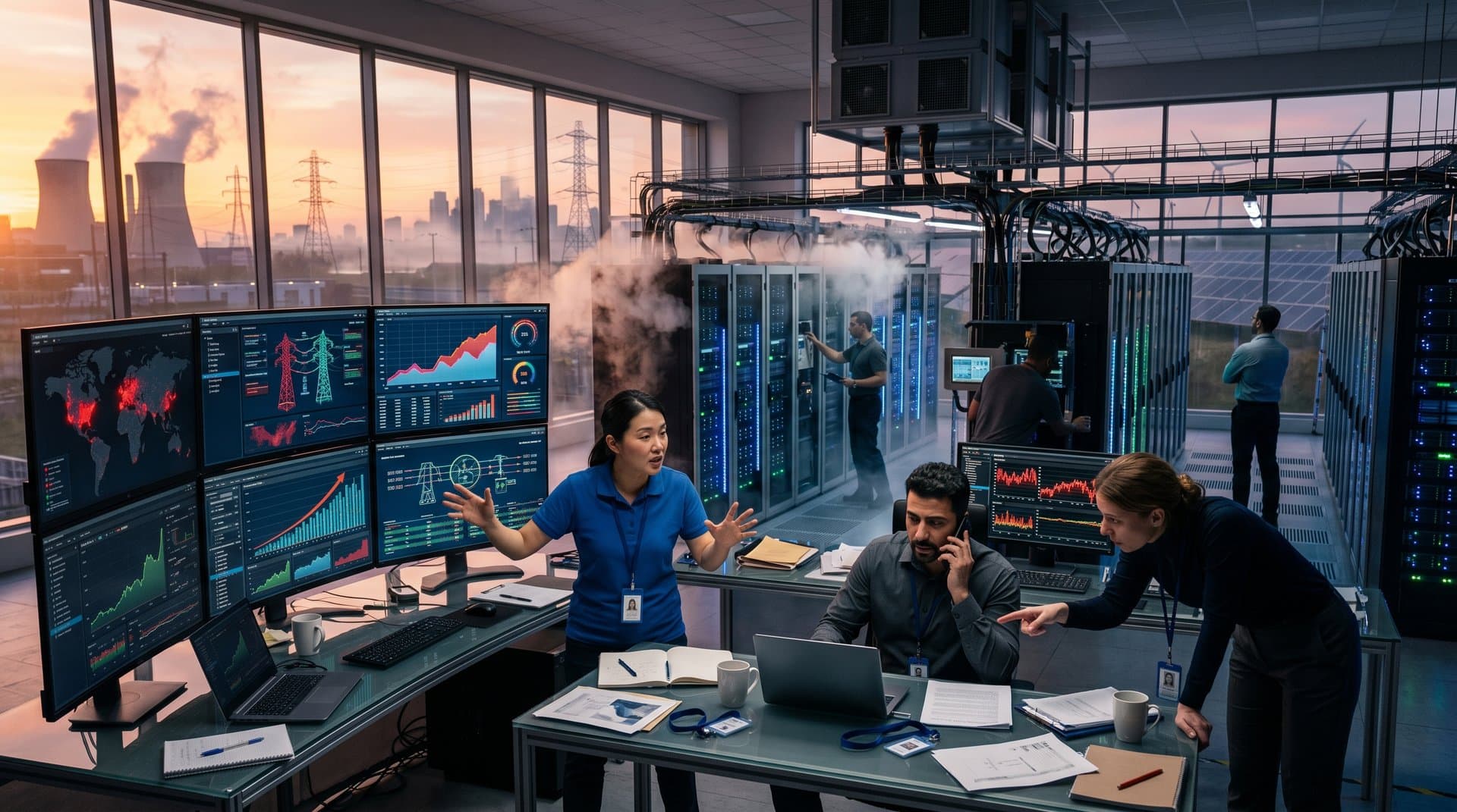 Engineer monitors AI power metrics at desk as technicians review holographic maps amid glowing server racks in high-security data center control room