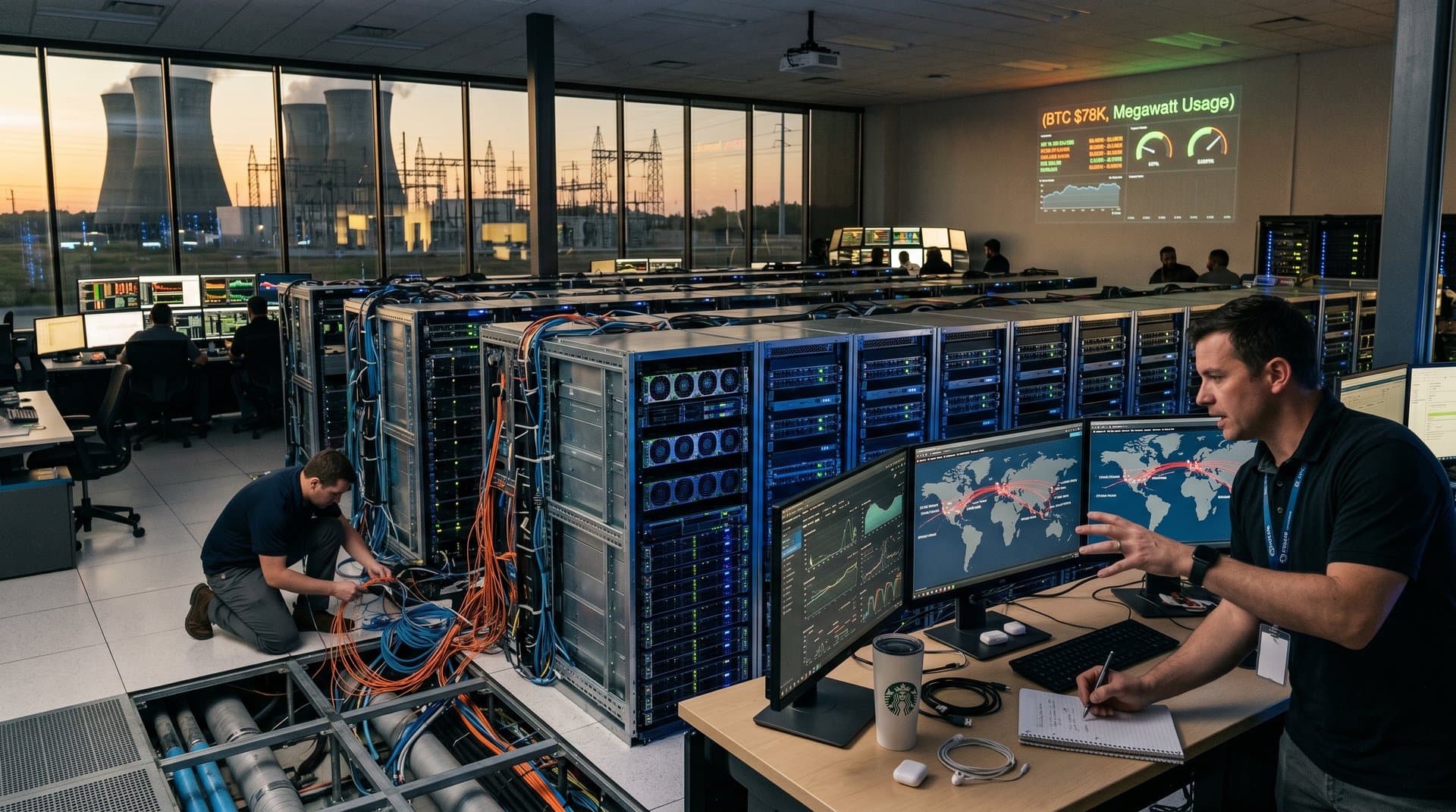 Glowing server racks, global energy maps, and power metrics in futuristic hyperscale data center amid AI boom tensions