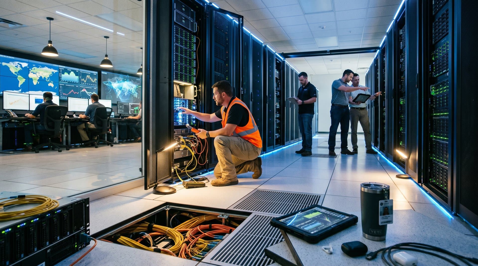 Engineers inspect GPU servers and monitors in a bustling Tier IV AWS data center with glowing racks and control room views