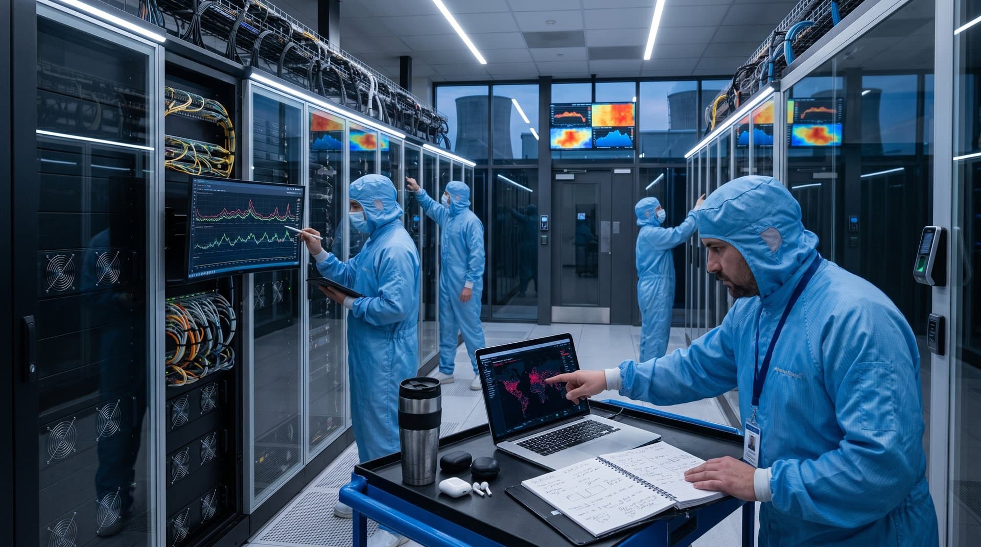 Technicians monitor server racks and cybersecurity dashboards in a high-tech data center