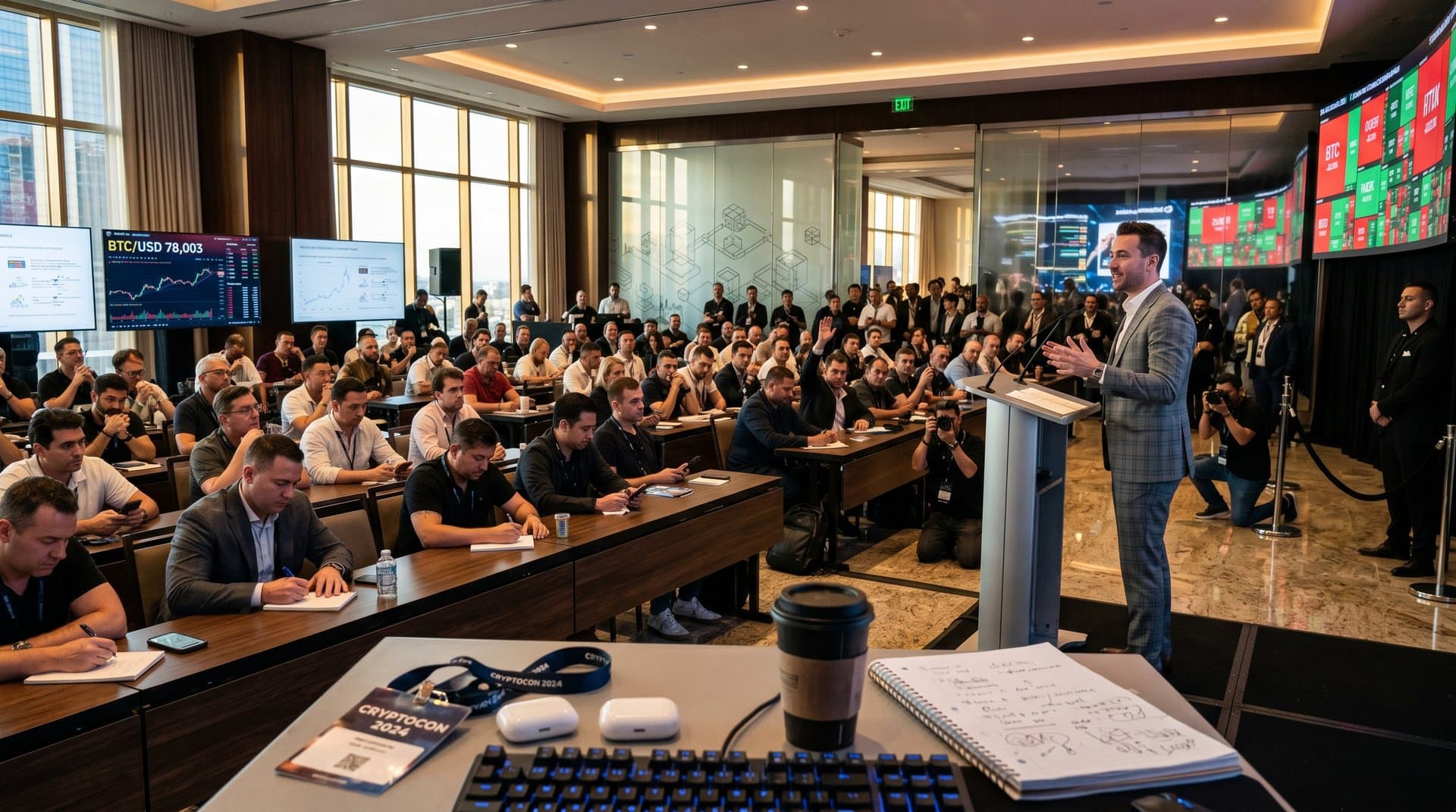 Luxury Las Vegas ballroom stage with BTC/USD 78K screens, suited crypto attendees at tables, podium for Trump conference speakers