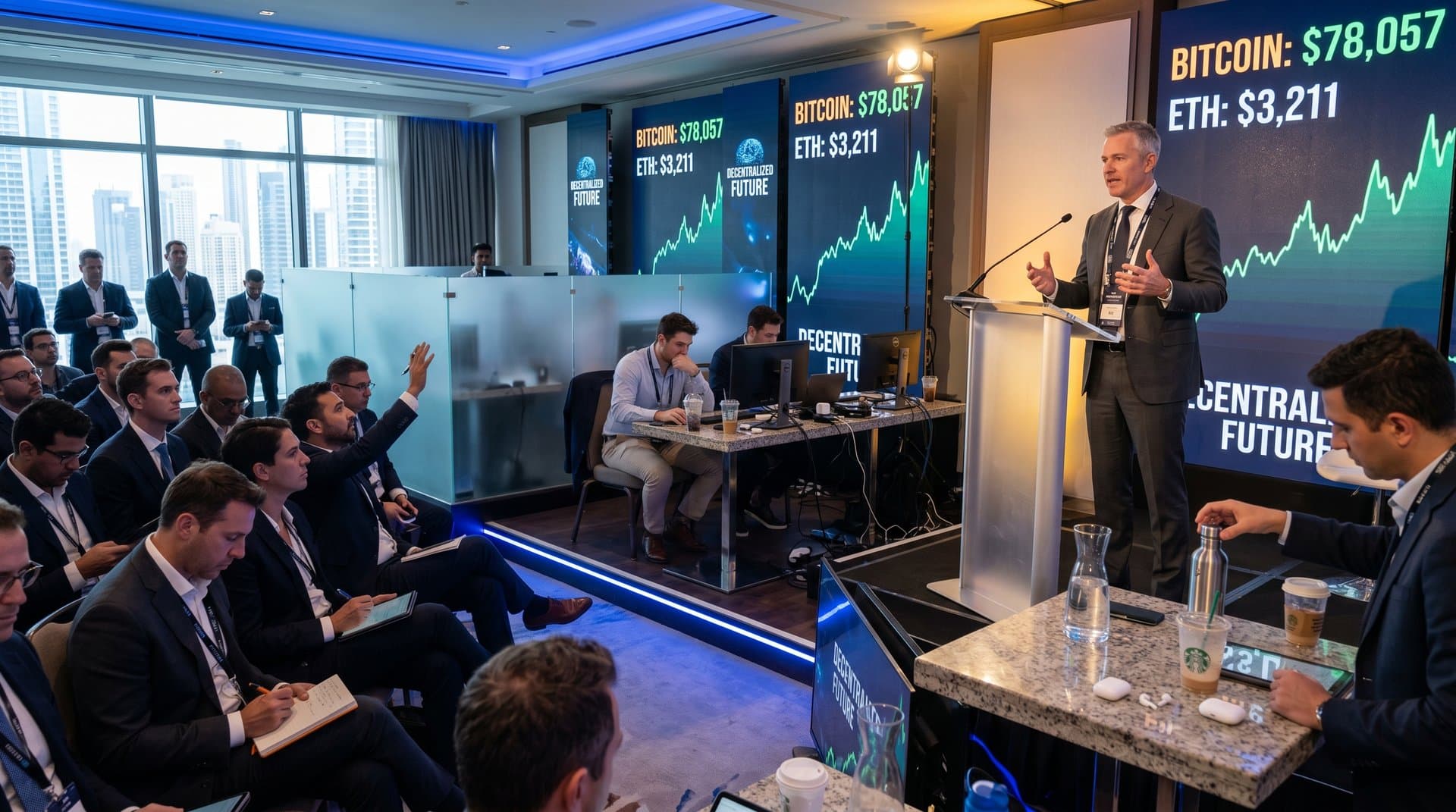Luxury ballroom at crypto summit with podium, audience, and screens showing Bitcoin and Ethereum prices