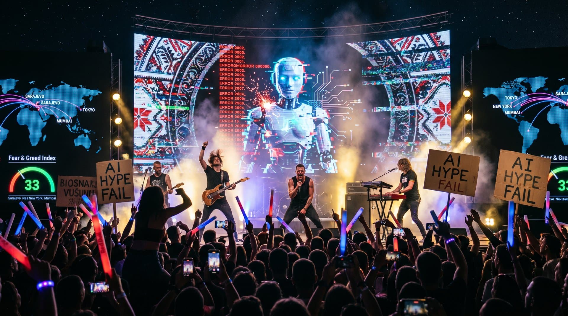 Balkan rock band stage with glitching AI holograms and global crypto maps at music festival satirizing tech hype