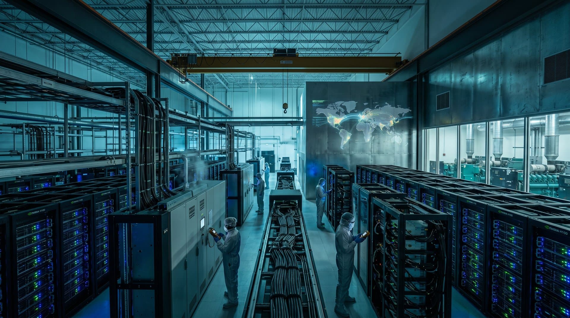 Technicians test power units amid glowing GPU server racks and cooling pipes in a vast Tier IV data center hall under LED lights