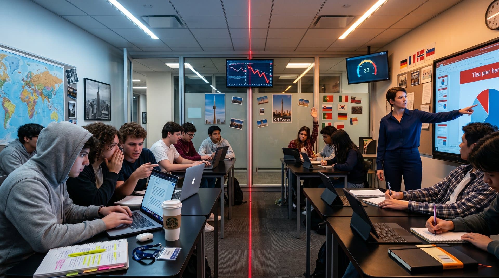 Illustrated classroom split by AI ban debate with cheating holograms, locked devices, global map, and Fear Index graph in cyberpunk style