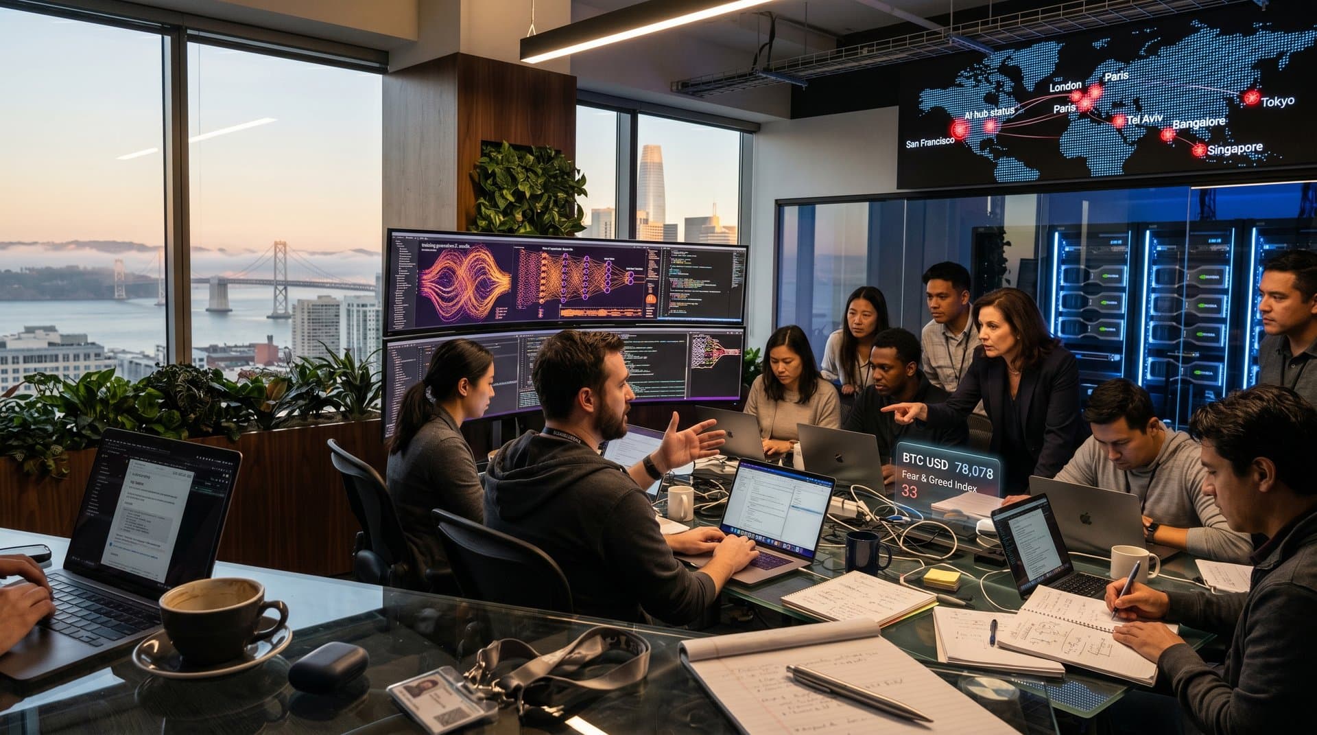 San Francisco AI office with GPU racks, neural visuals, global hub maps, and Bay Bridge view