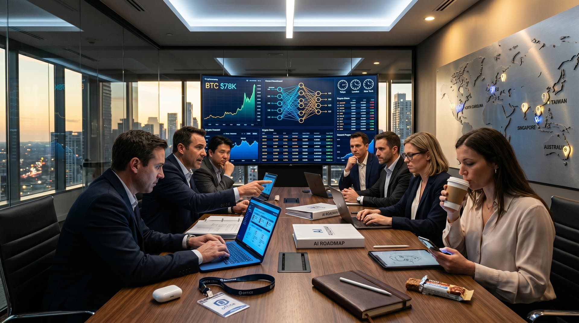 Conference table with AI roadmap docs, laptops showing edtech dashboards, world map, and BTC chart in modern office