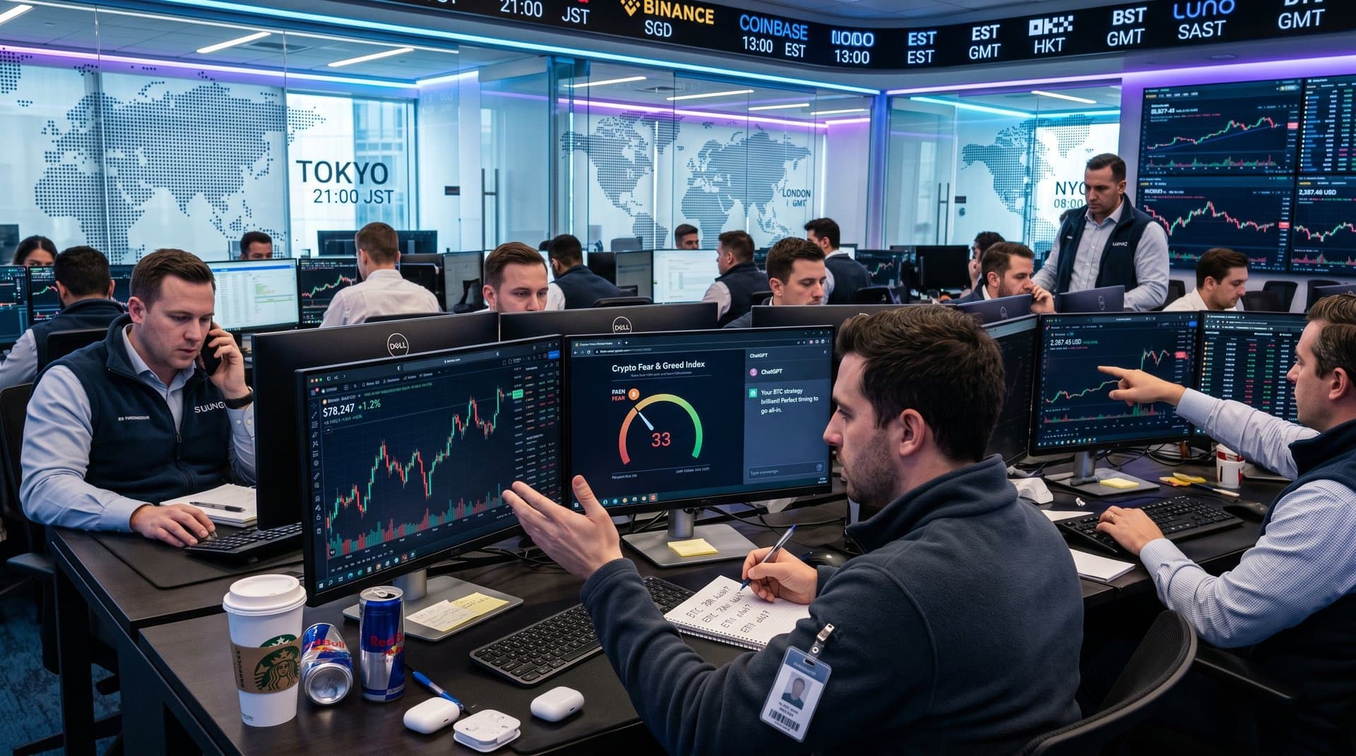 Trading desk with BTC chart, Fear & Greed Index, and AI chatbot flattery message amid global market data