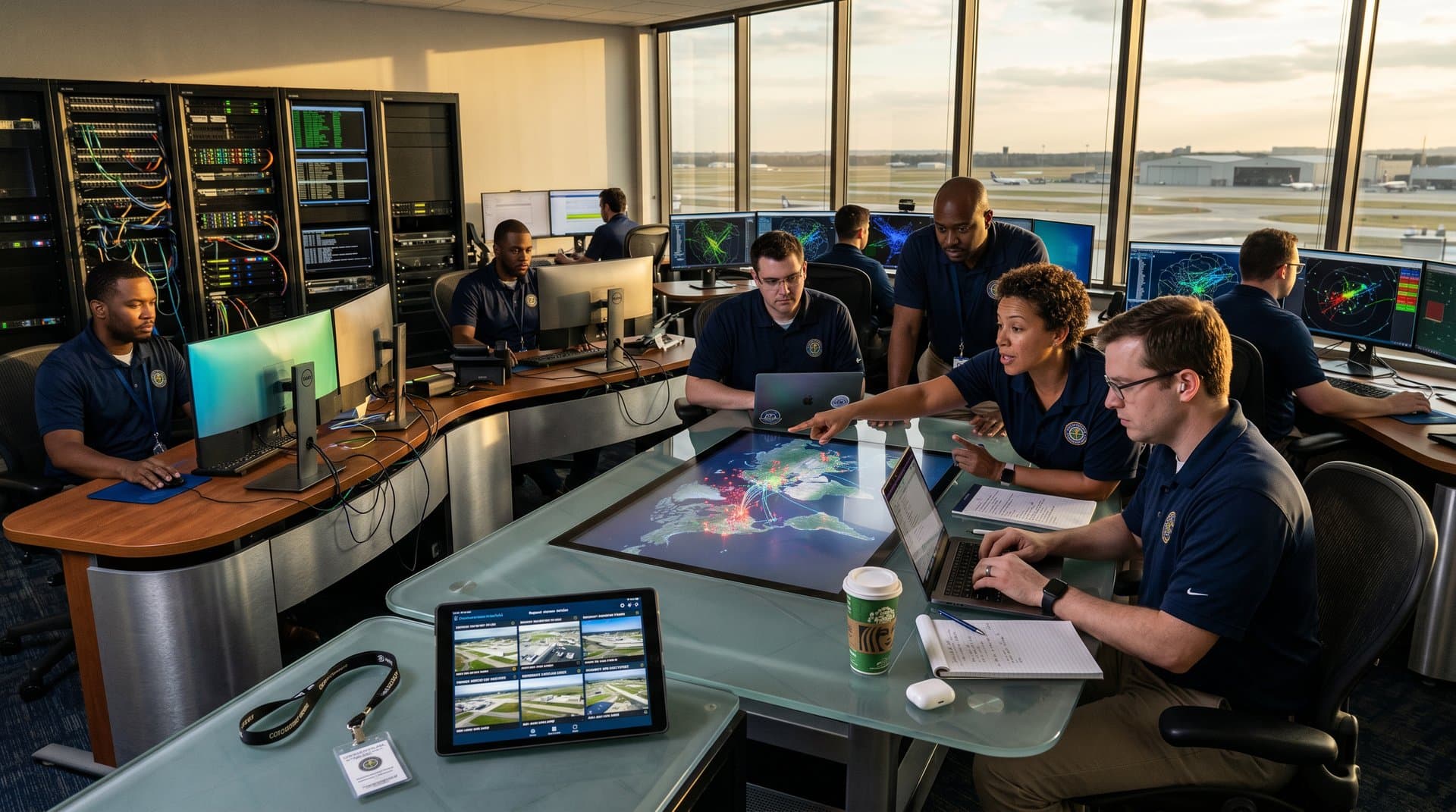 Team reviews AI air traffic controllers simulations on monitors in high-tech FAA lab with global flight data displays