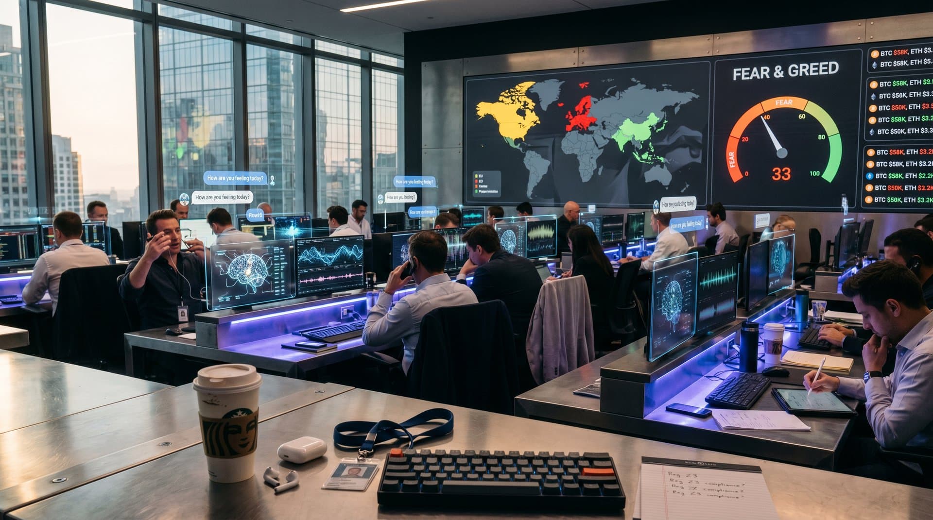 Abstract neural networks and global regulatory map illustrating AI mental health chatbot challenges with crypto sentiment gauge