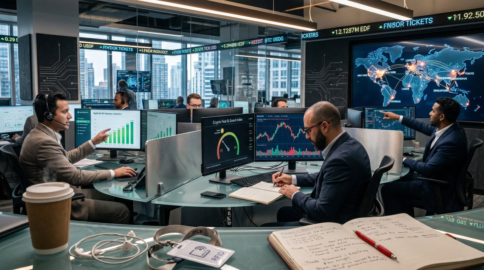 Global fintech dashboard displaying AI-human metrics rising 20%, crypto Fear & Greed Index at 33, BTC charts, and interconnected world trade map in neon cyberpunk style