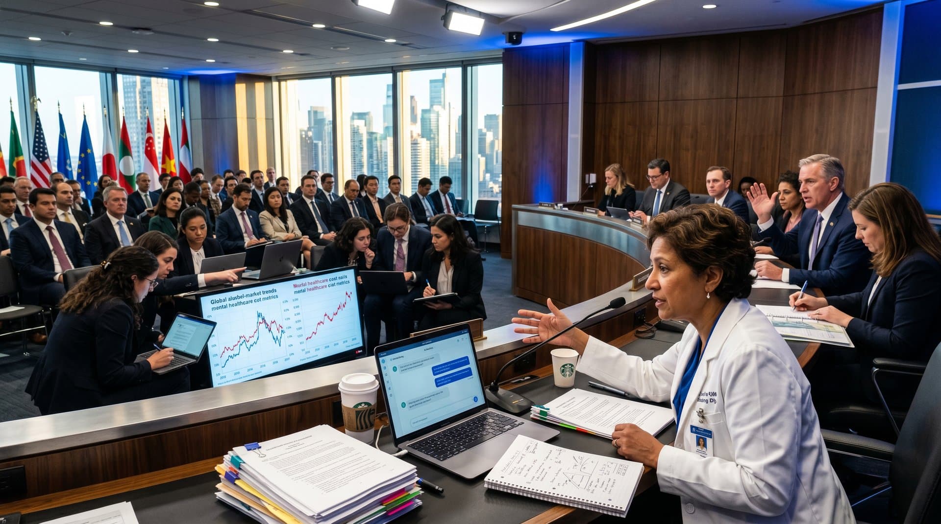 Global congressional hearing on AI mental health chatbots with experts, lawmakers reviewing data screens and market charts