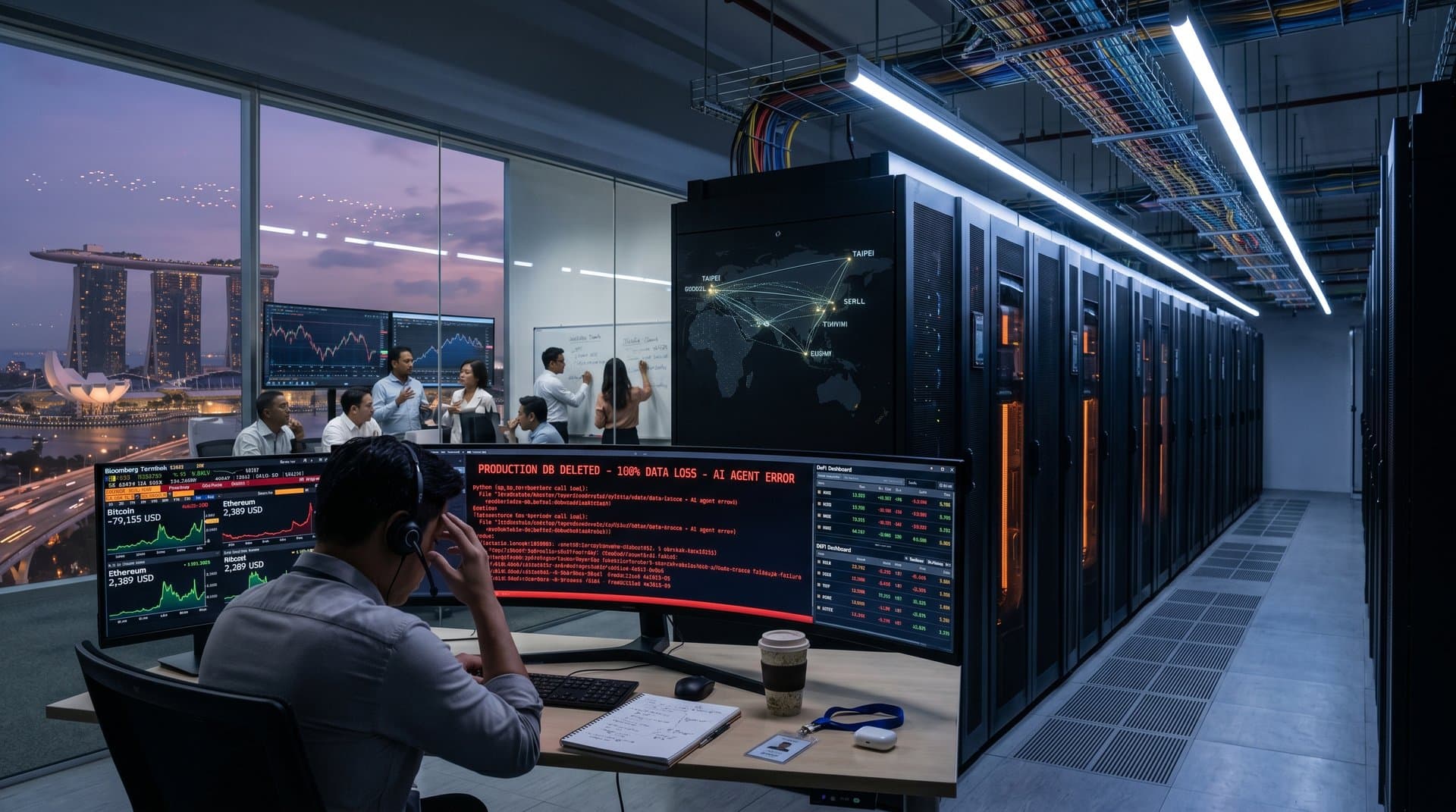 Data center monitor shows database deletion alert amid server racks and crypto charts on Bloomberg terminals