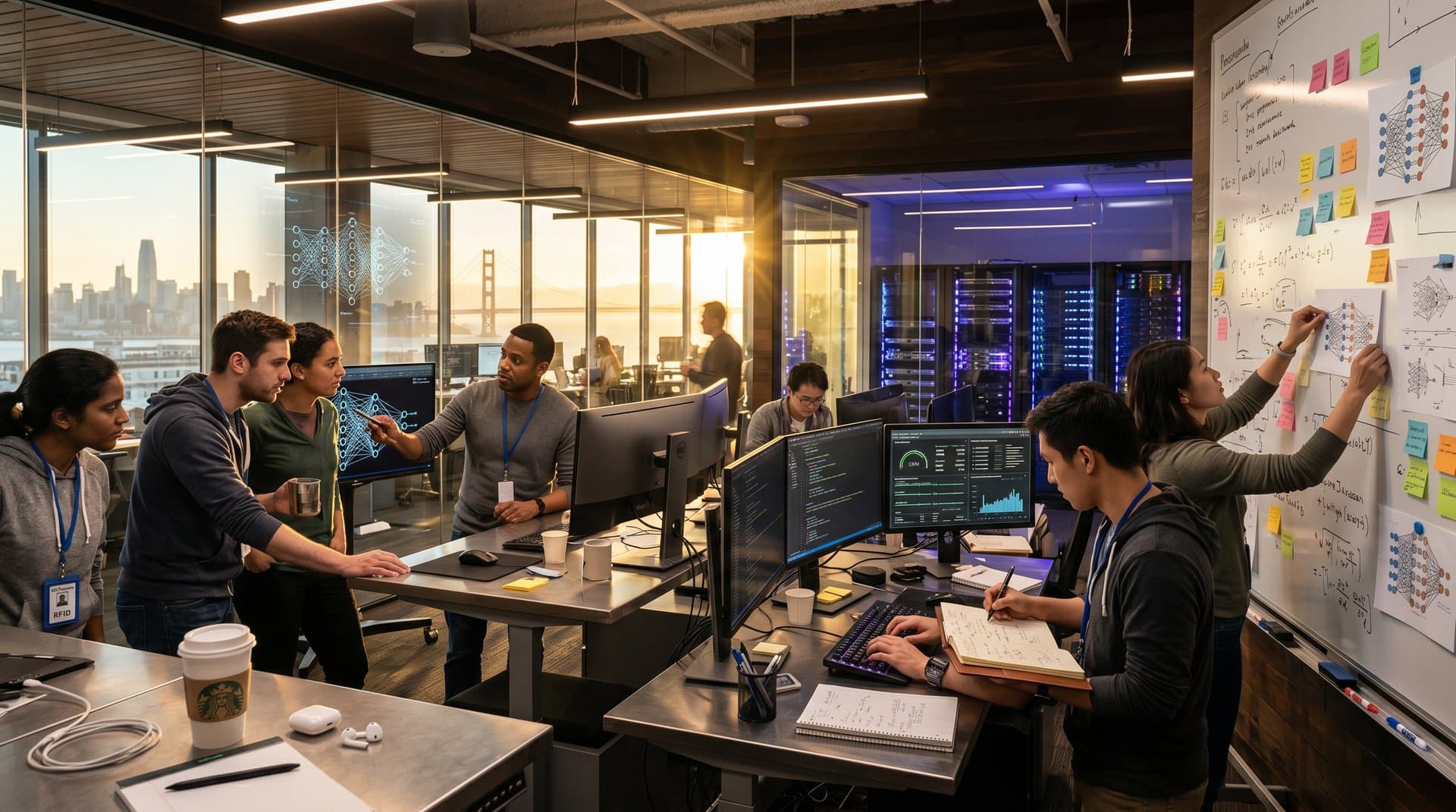 AI researchers collaborate in modern San Francisco lab with monitors showing neural networks under Bay Area sunlight