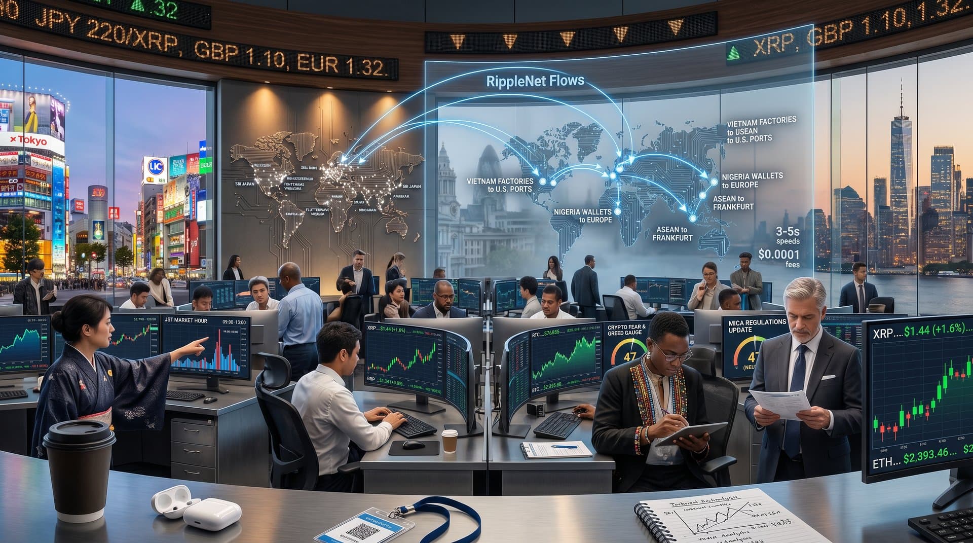 Global crypto trading hub showing XRP at USD 1.44, Fear & Greed 47, cross-border flows on charts from Asia, Africa, Europe