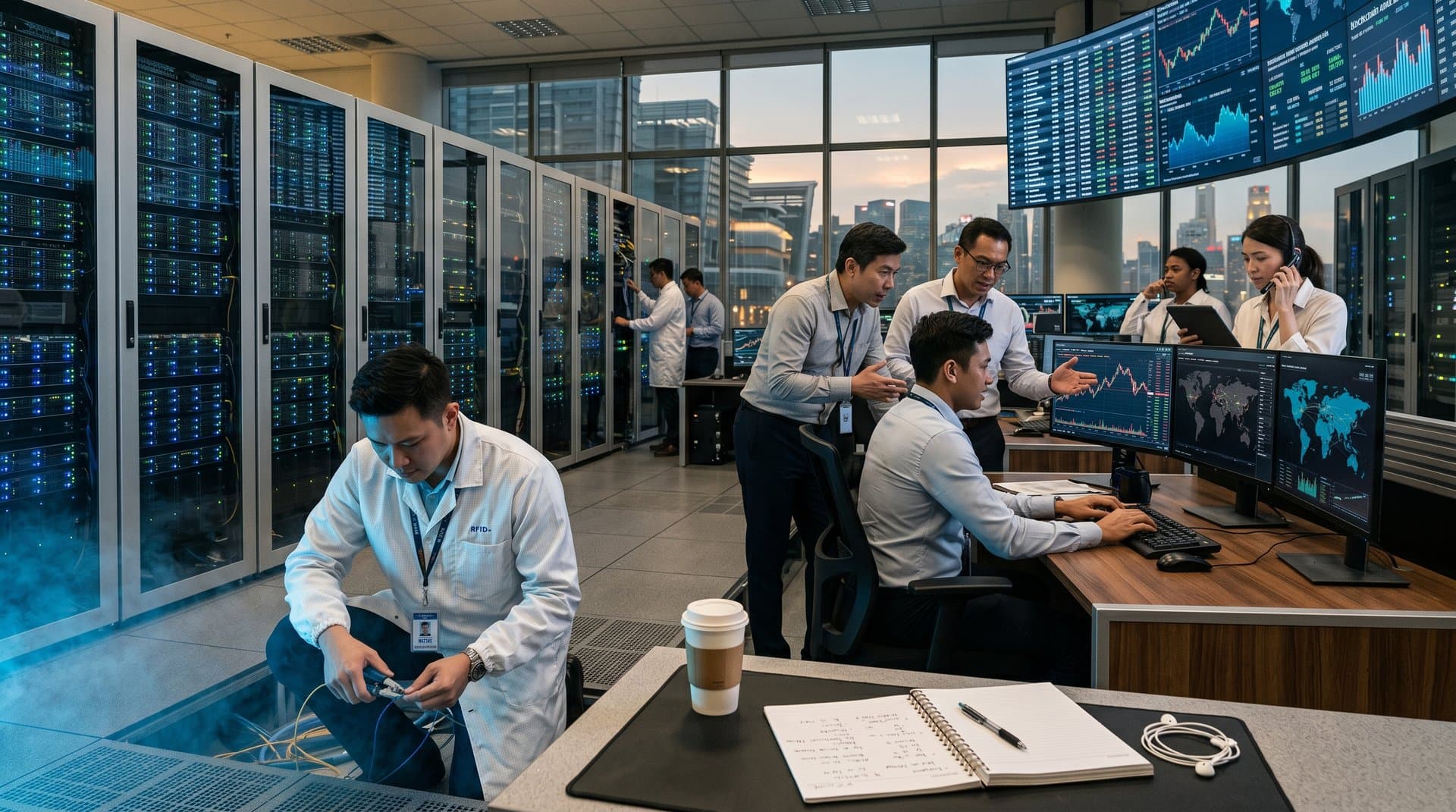 Technicians monitor XRP analytics and cyber dashboards in busy Tier IV data center with server racks