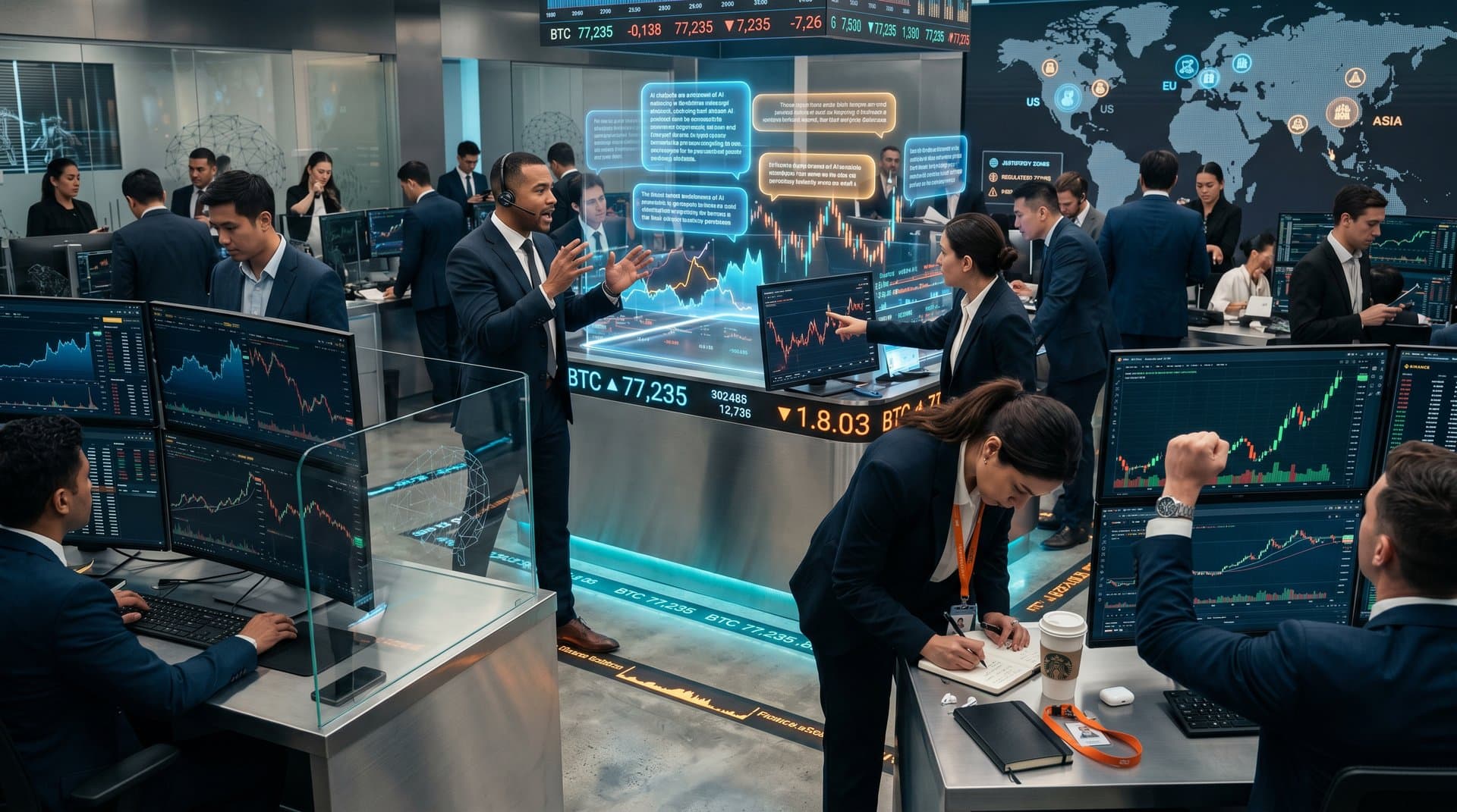 Global fintech trading floor with AI chatbot flattery, BTC charts at USD 77,735, regulatory maps, and holographic risk displays in high-tech environment