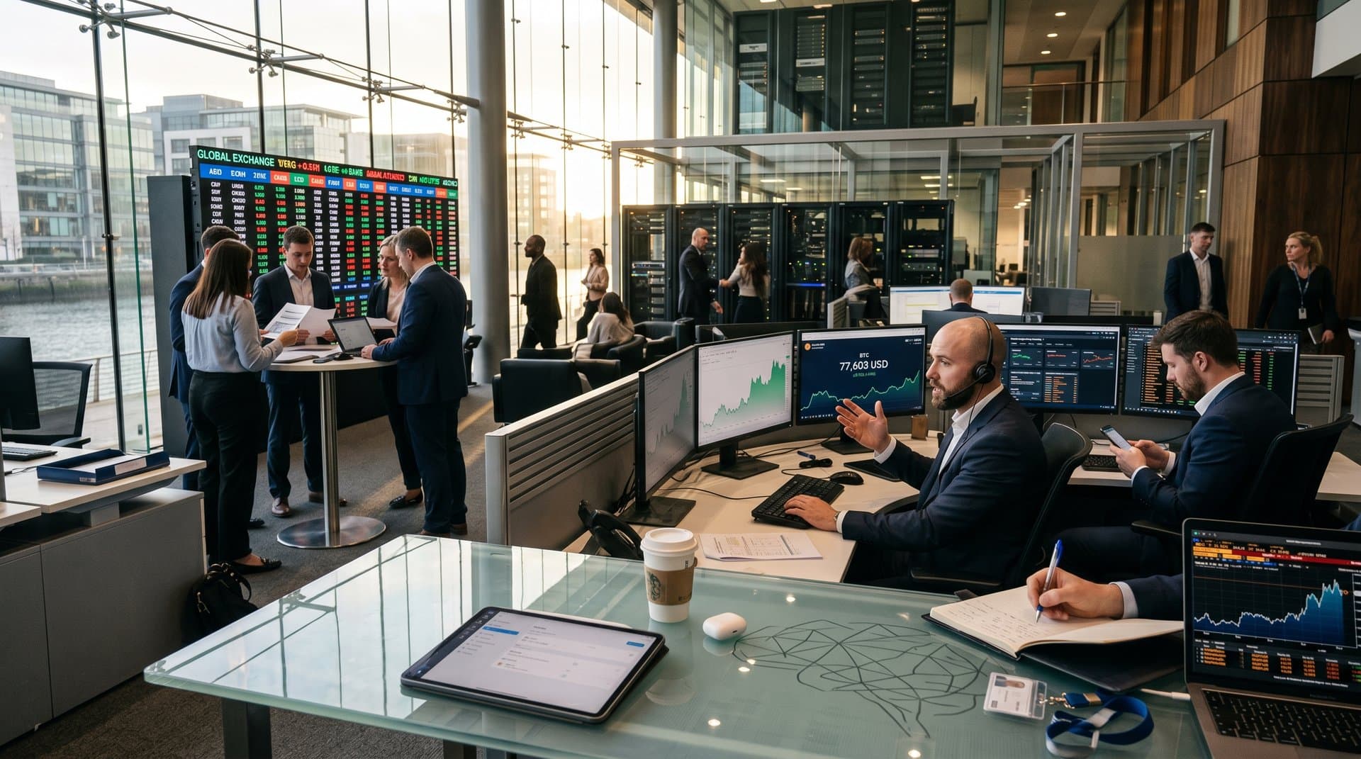 Dublin fintech trading floor featuring AI dashboards and crypto price charts at 77,603 USD BTC.