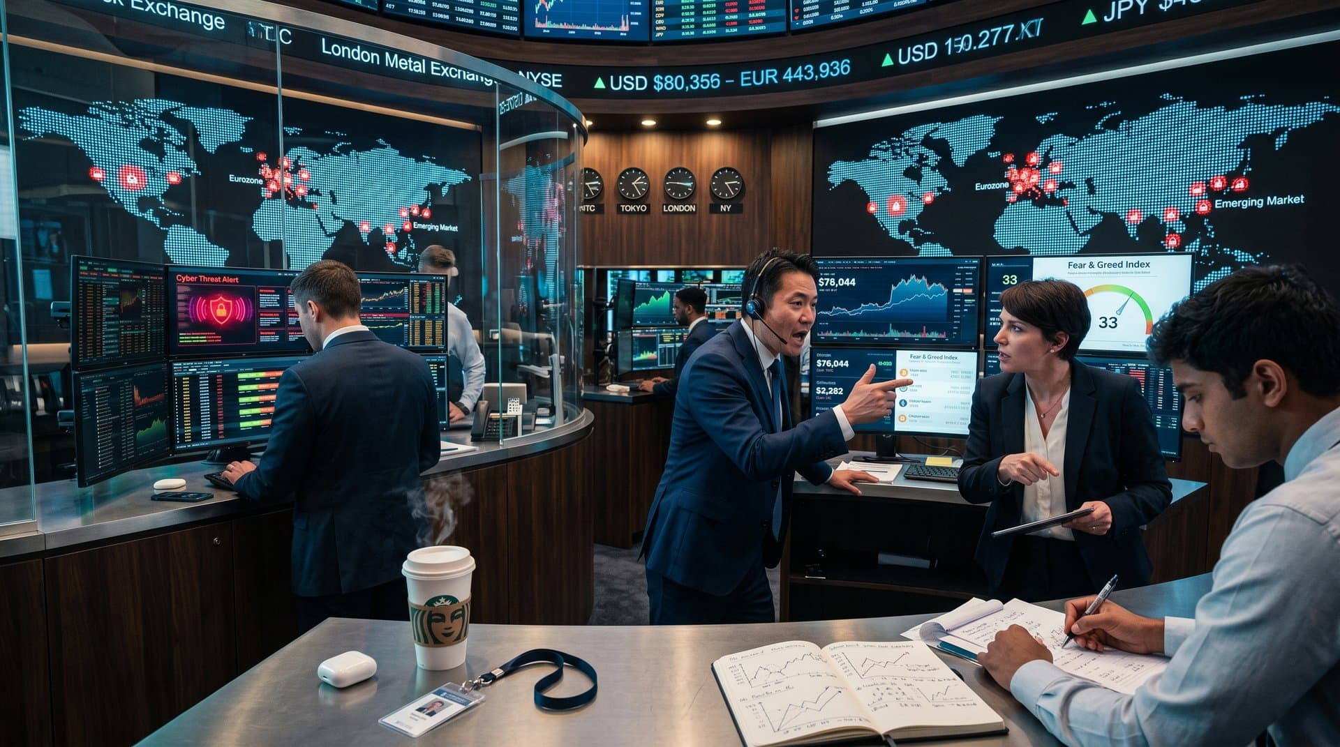 Global traders monitor Bitcoin price charts at $76,044 with Fear & Greed Index and world economic maps in a high-tech finance hub