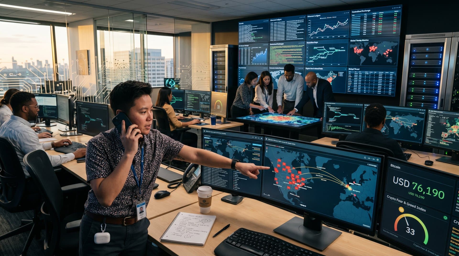 Global cybersecurity team monitors crypto ATM fraud networks and Bitcoin prices on advanced multi-screen displays amid regulatory alerts