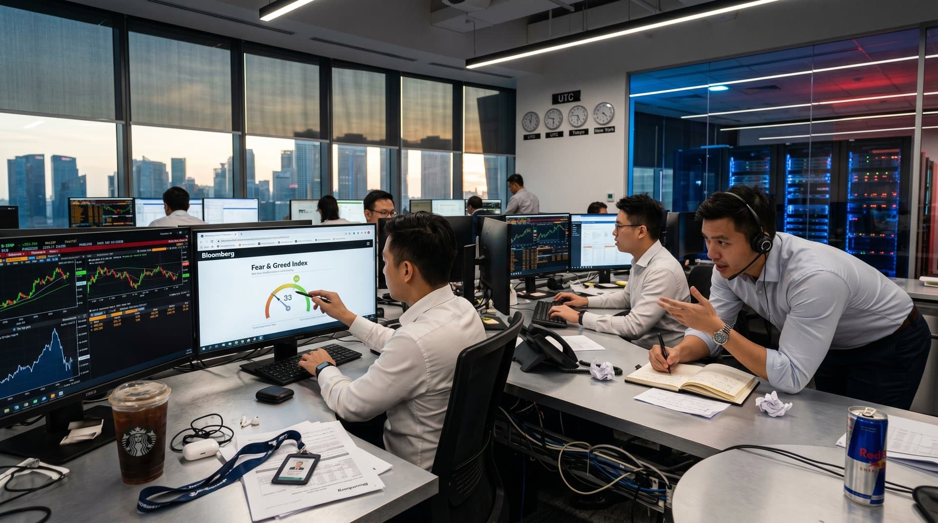 Traders monitor XRP and Cardano charts on terminals at international trading floor with market data, world clocks, and skyline view