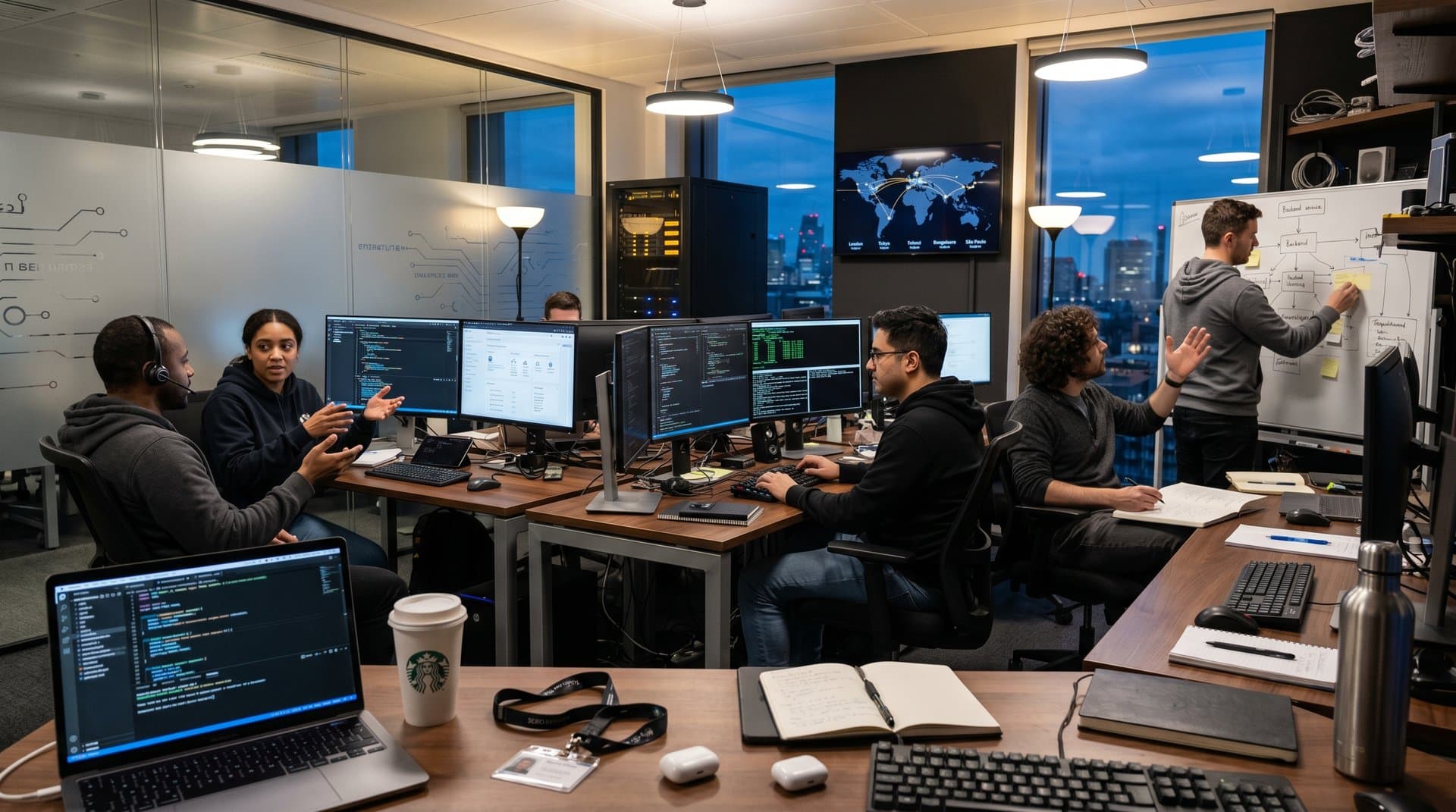 Global remote engineers collaborate on AI infrastructure code and dashboards in modern workspace with world map and time zones
