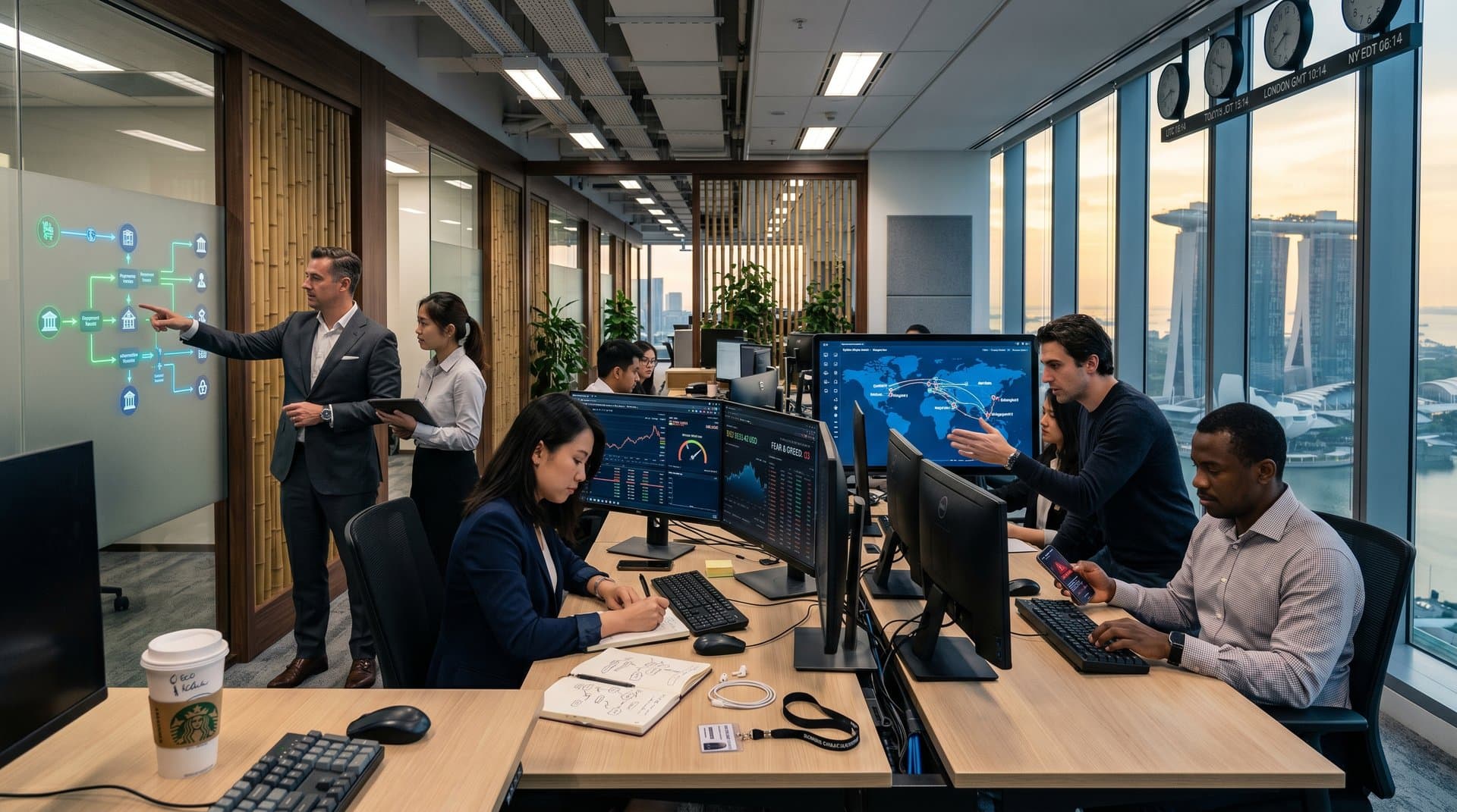 Diverse analysts in global treasury office reviewing BNB price charts, supply chains, and market data on multi-monitors