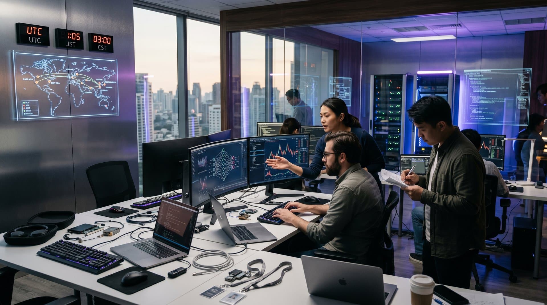 High-tech AI office with neural networks on screens, global map of data centers, server racks glowing in background