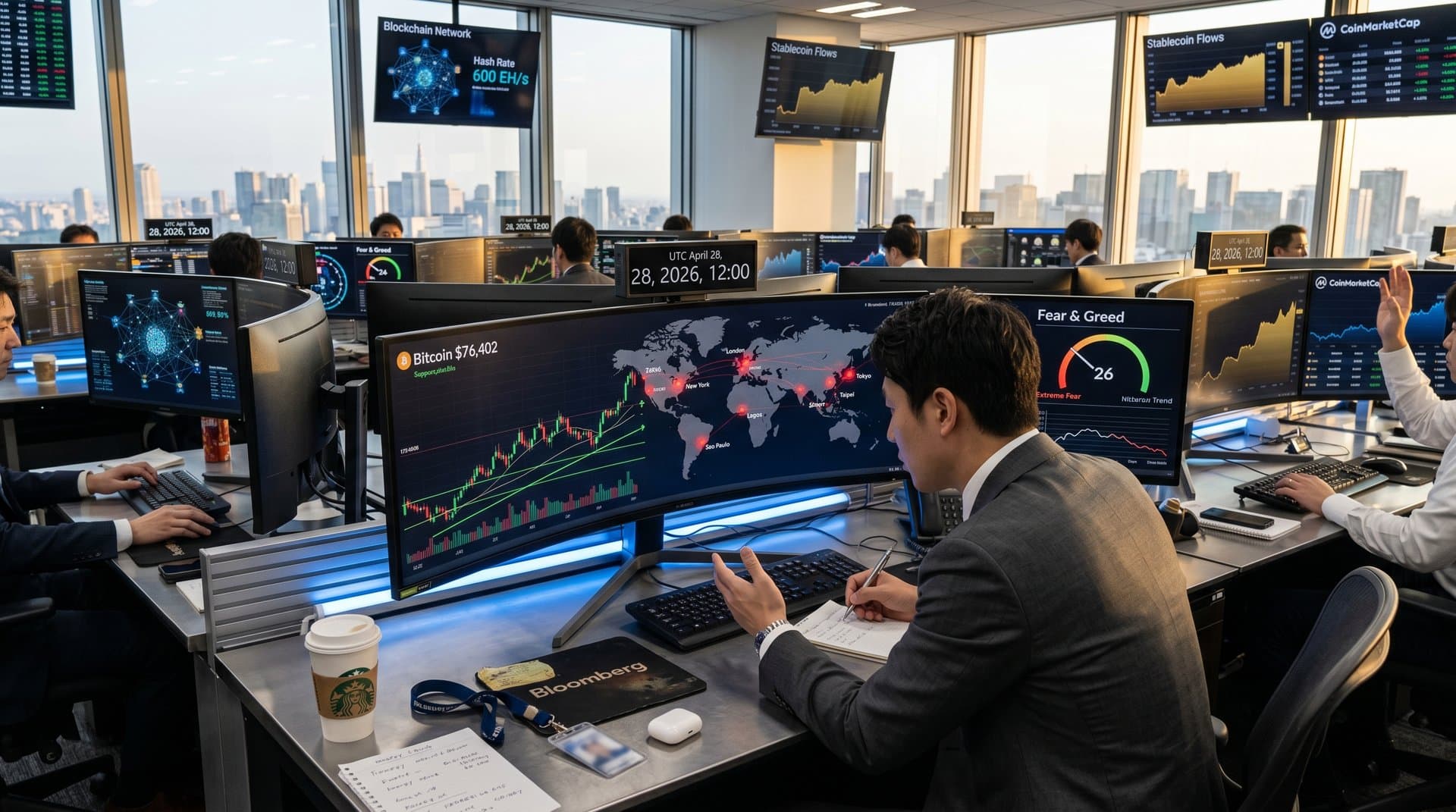 Digital dashboard showing Bitcoin price charts at USD 76K, Fear & Greed Index at 26, and global regulatory highlights