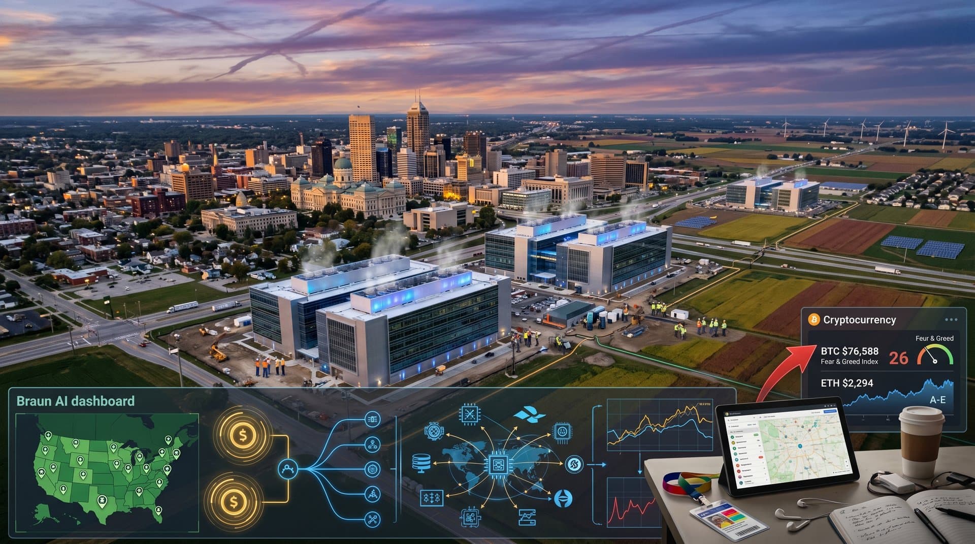 Indianapolis skyline with data centers and overlay of Braun AI business portal dashboard showing global investment maps