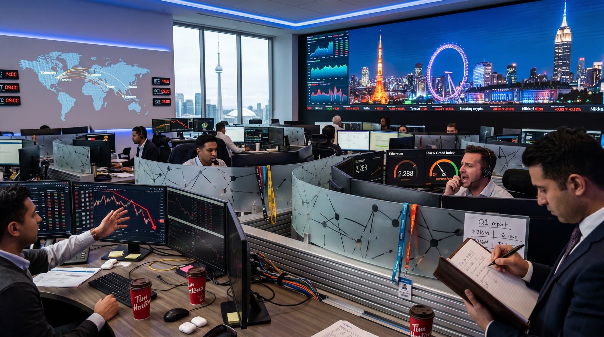 Traders monitor crypto charts on multi-monitor setups at a modern Toronto fintech trading floor with global market skyline view
