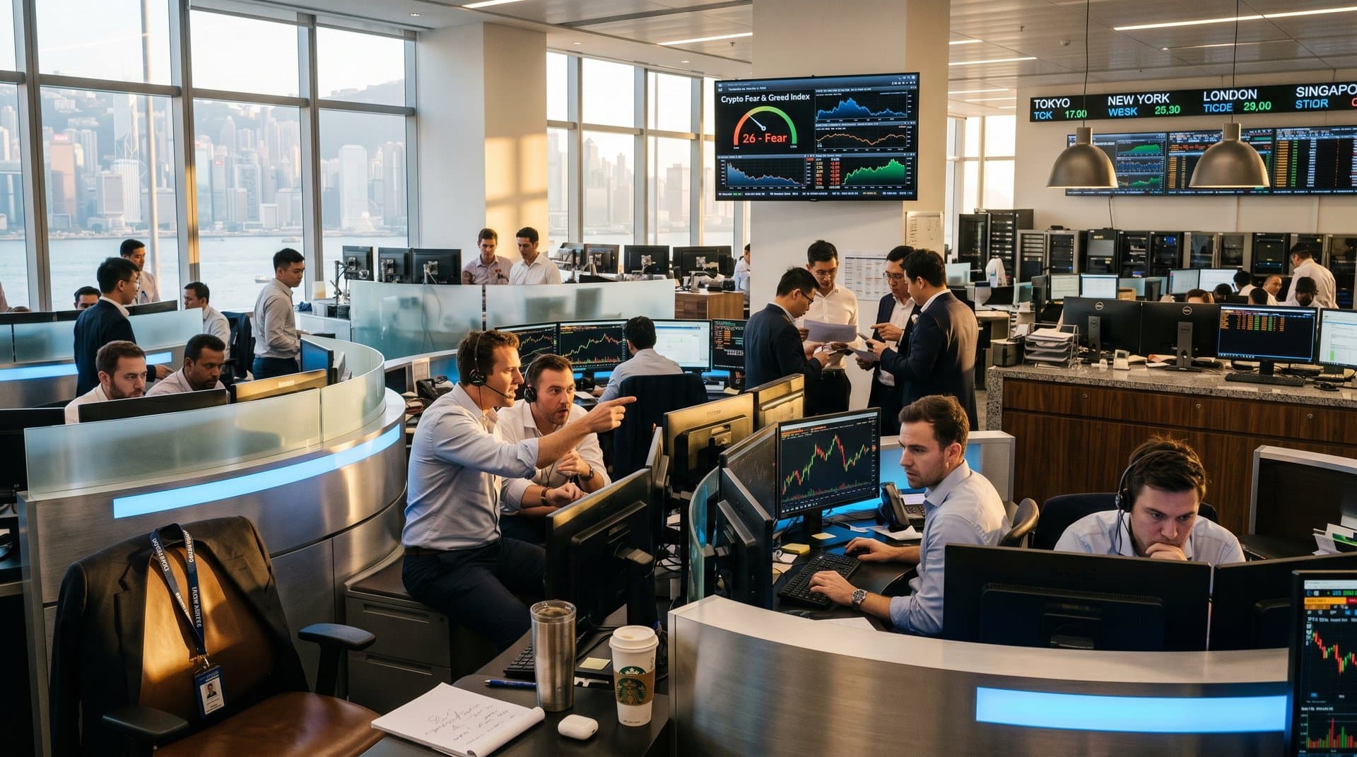 Hong Kong trading floor monitors ETH charts on Bloomberg terminals with harbor views, Fear & Greed Index display, and global crypto tickers