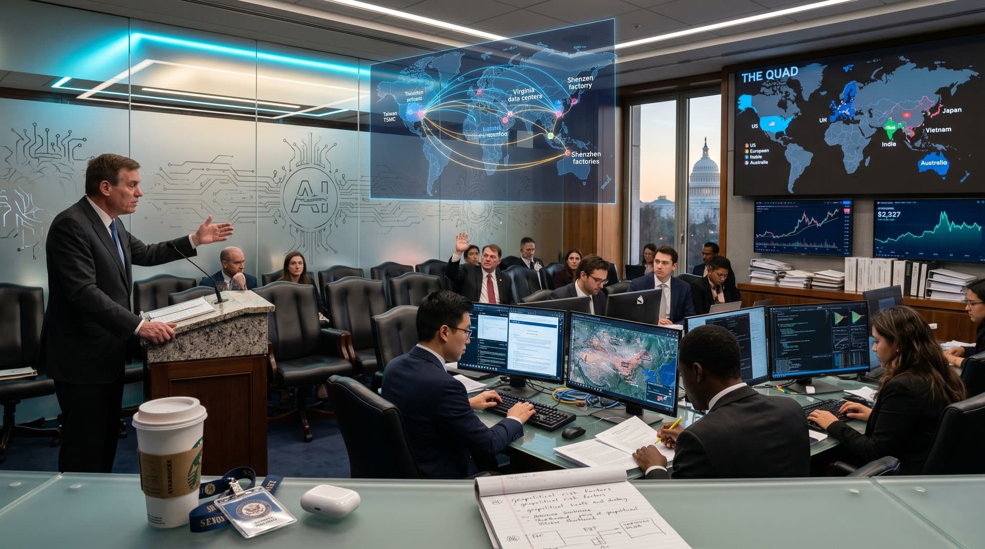 US Senate room with AI holograms, global maps, monitors showing crypto charts and bills, Capitol backdrop