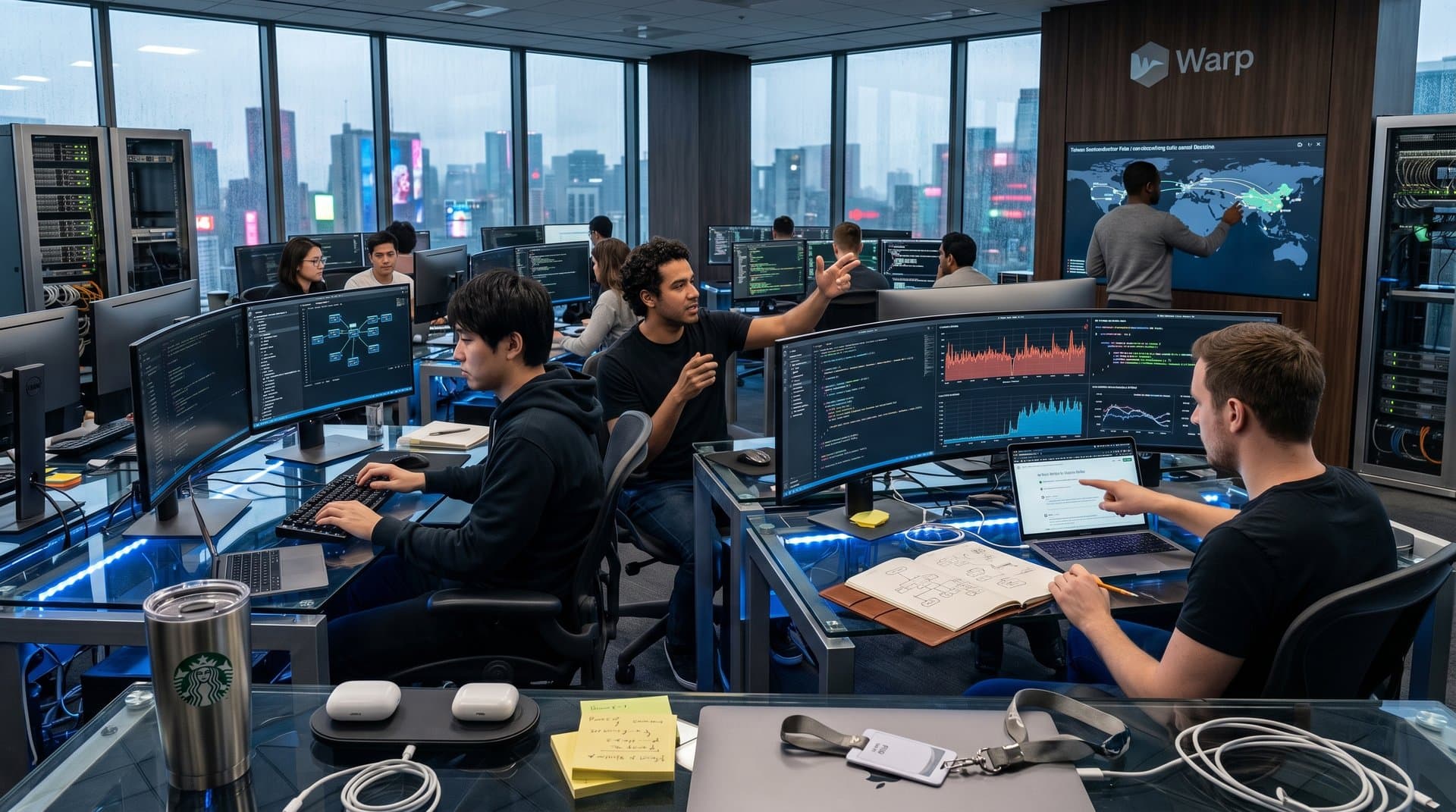 Developers collaborate in high-tech lab with multi-monitors displaying AI terminal code and graphs under modern lighting