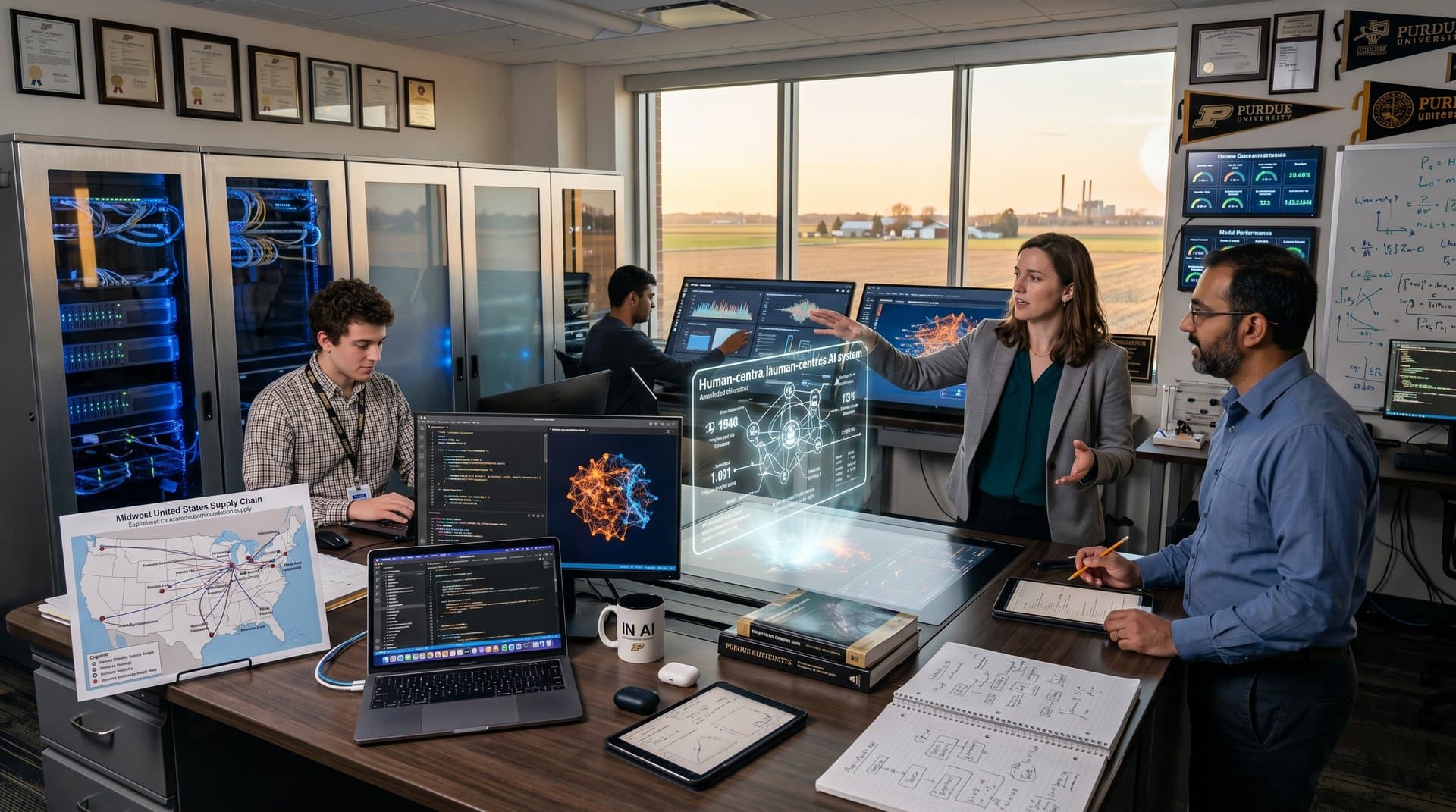 Purdue University AI lab with ethical models on screens, team discussions, and Midwest farmland view