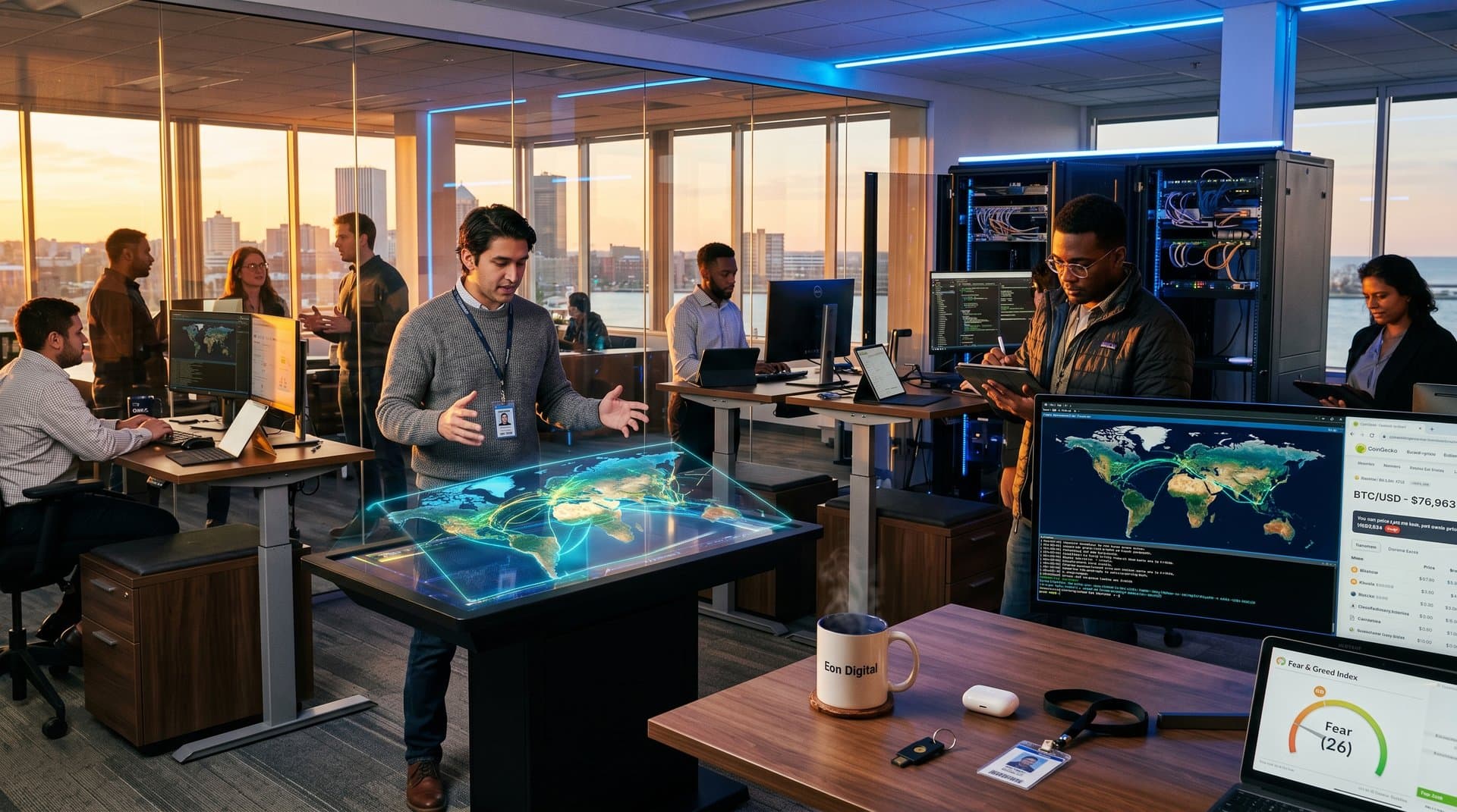 Fairport team analyzes Eon Digital expansion on screens showing global supply chains, crypto charts, AI tools